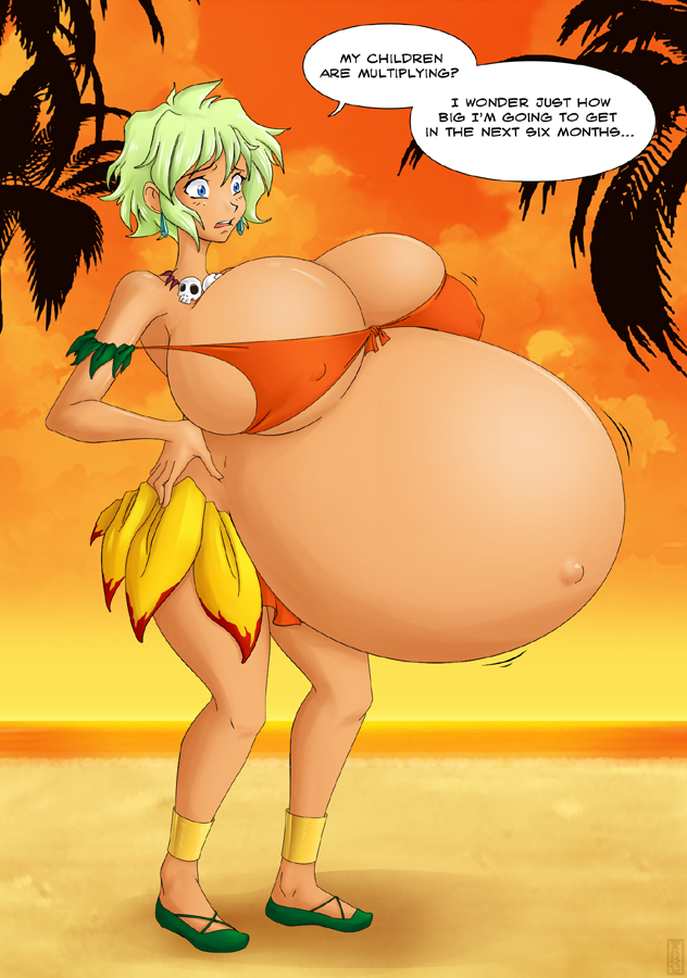 1girls beach belly big_belly big_breasts bikini breasts cleavage dark-skinned_female dark_skin dialogue female green_hair hand_on_hip huge_belly huge_breasts hyper_pregnancy jungle_de_ikou mii_(jungle_de_ikou) necklace nipple_bulge outie_navel pregnant saburox solo solo_female text