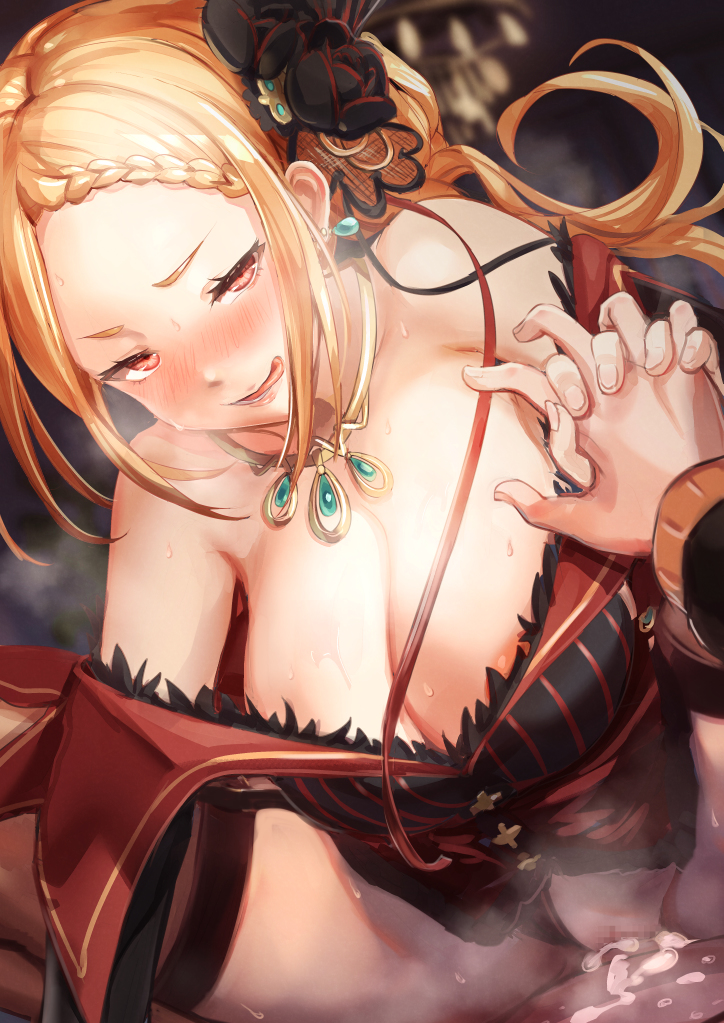 blush, breasts, censored, clothed sex, cowgirl position, cum, cum in pussy, dress, ejaculation, female, heavy breathing, interlocked fingers, licking lips, male, mosaic censoring, natsuki subaru, penis, priscilla barielle, pussy, re:zero kara hajimeru isekai seikatsu, sex, shaberu seiyoku, steam, straight, sweat, tongue, tongue out, vaginal penetration