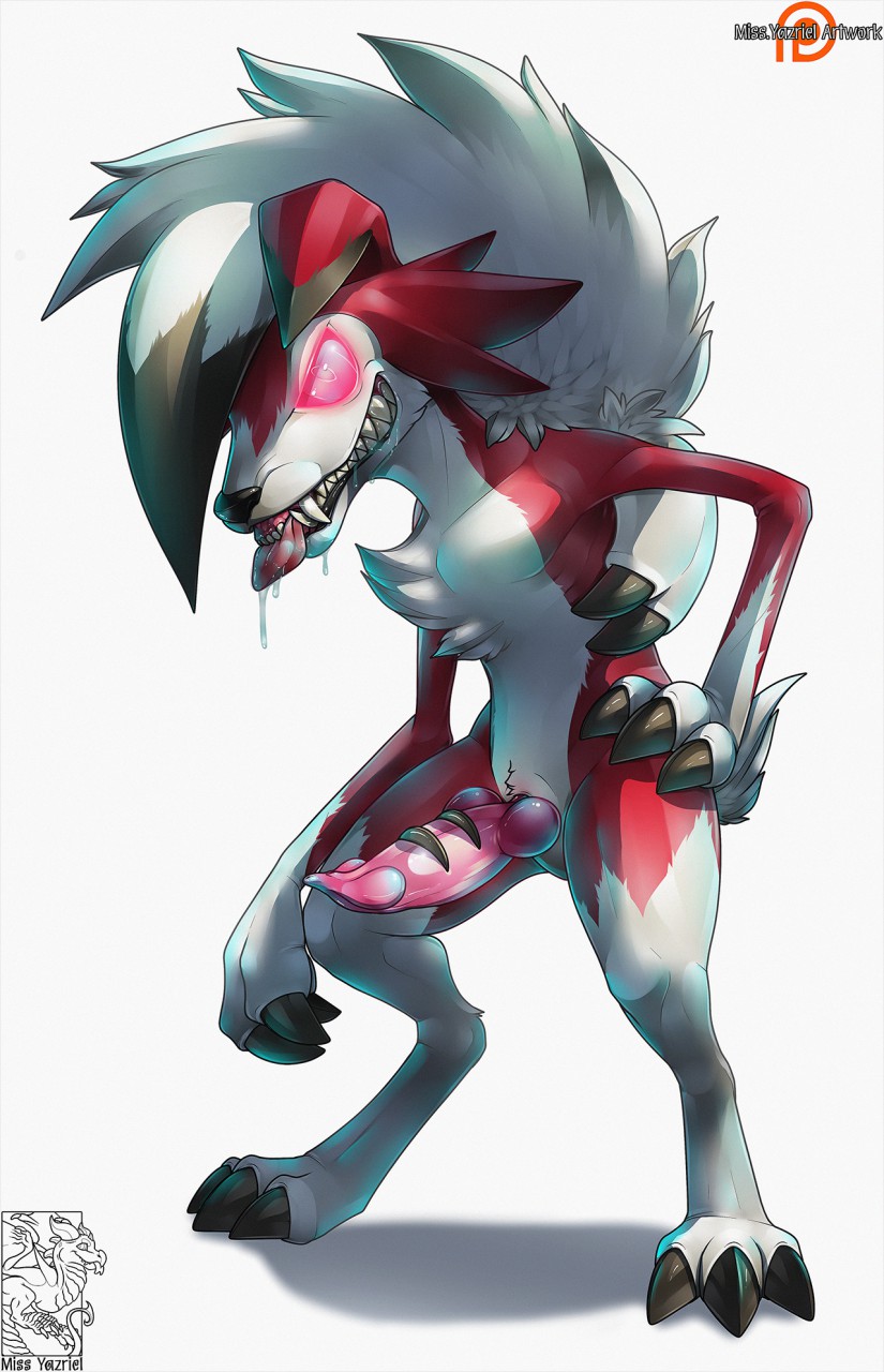 1boy animal_genitalia anthro canine claws erection fangs feet fur furry genital_slit knot looking_at_viewer lycanroc male male_only midnight_lycanroc miss-yazriel nintendo paws penis pokémon_(species) pokemon pokemon_sm red_eyes red_fur slit solo standing teeth text tongue tongue_out unusual_penis video_games white_fur