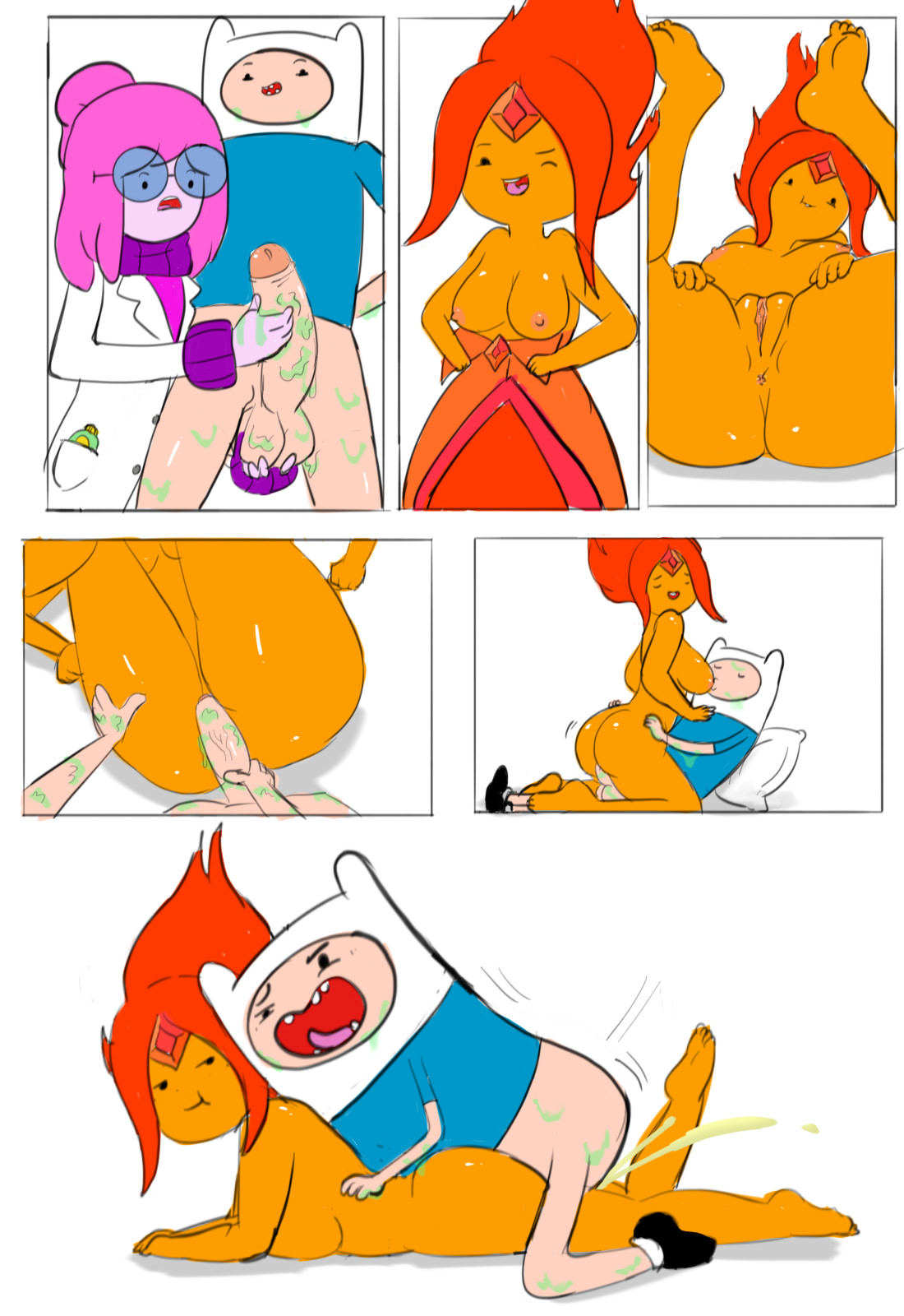 accurate art style, adventure time, cartoon network, female, finn the human, flame princess, pink body, pink hair, pink skin, princess bubblegum, tagme