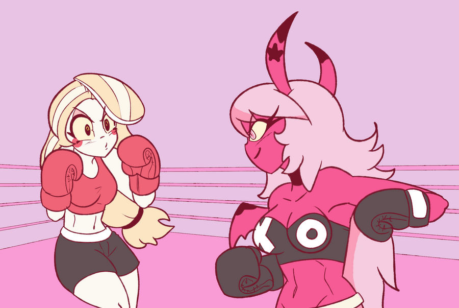 2girls black_boxing_gloves black_gloves blonde_hair boxing boxing_gloves boxing_ring breasts charlie_morningstar_(hazbin_hotel) demon_girl duo female female_focus female_only fighting_ring hazbin_hotel helluva_boss imminent_fight long_hair navel netto-painter pink_hair red_boxing_gloves red_gloves sports_bra sports_shorts succubus verosika_mayday_(helluva_boss) vs