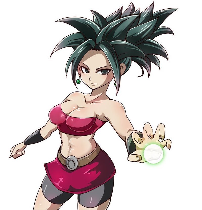 10s, 1girls, alternate costume, bare arms, bare shoulders, base form kefla, big hair, bike shorts, black eyes, black hair, breasts, cleavage, curvy, dragon ball, dragon ball super, earrings, female, female only, fully clothed, fusion, hair up, kefla, large breasts, light skin, light-skinned female, navel, ponytail, potara earrings, red skirt, saiyan, short hair, simple background, skirt, smile, solo, spiked hair, spiky hair, stomach, thighs, white background, wristband