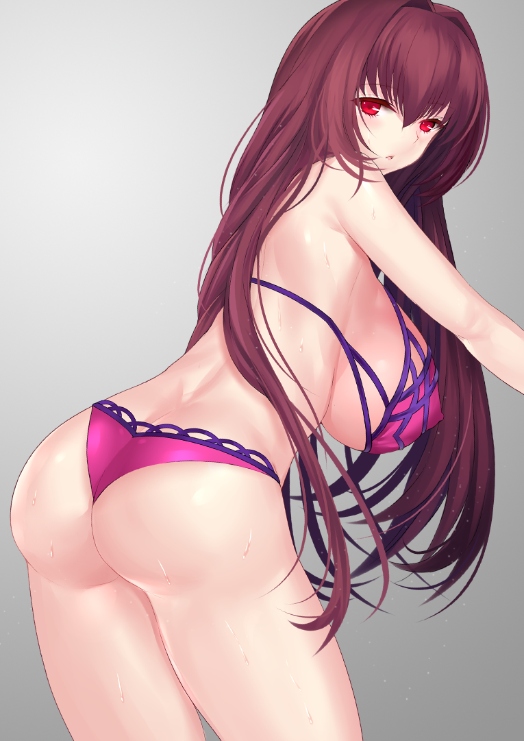 1girls ass bra breasts ero_waifu fate/grand_order fate_(series) female female_ass female_only huge_breasts looking_at_viewer looking_back panties scathach_(fate) scathach_(swimsuit_assassin) solo_focus sweaty_breasts tagme