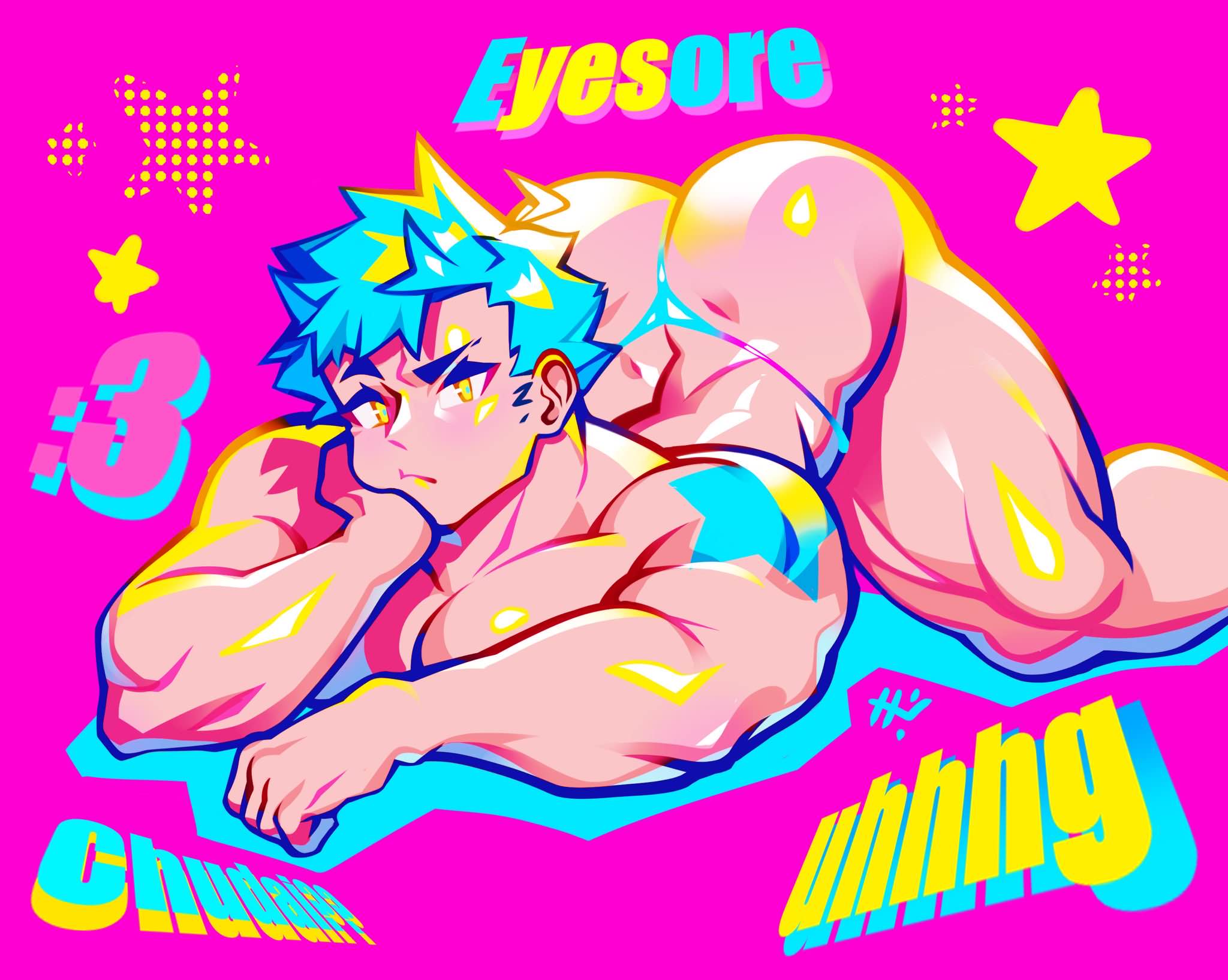 :3 abs arched_back bara biceps big_ass big_butt big_chest big_pecs blue_hair brown_eyes chudai denbe_(sachuman) doggy_style face_down_ass_up fat_ass g-string gay huge_ass huge_butt huge_chest huge_pecs male male_only massive_ass muscular muscular_male presenting_hindquarters sachuman tattoo thick_thighs