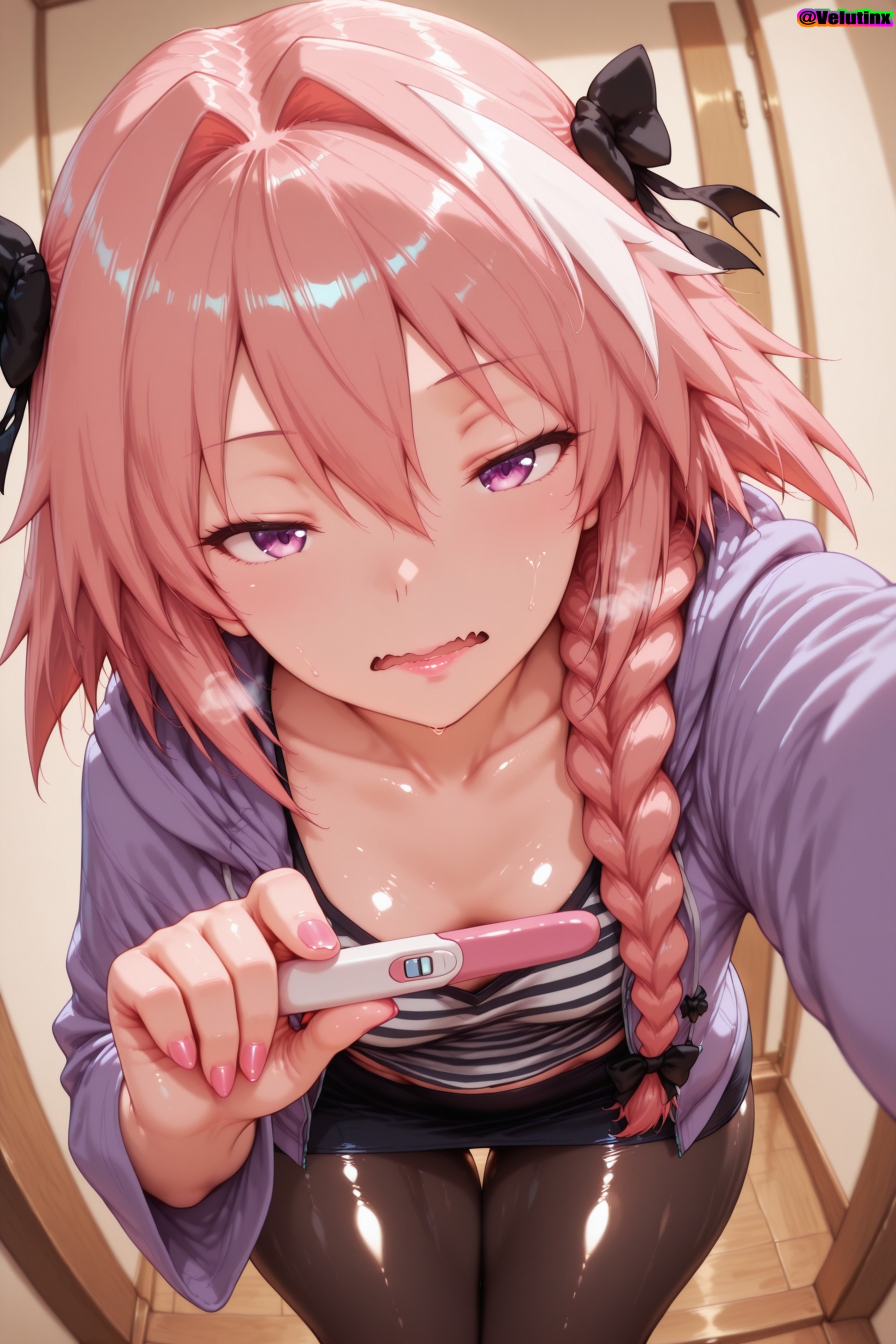 1boys, 1femboy, ai generated, astolfo (fate), braid, choker, cute fang, embarrassed, fate (series), fate/grand order, femboy, flat chest, hair between eyes, hairbow, half-closed eyes, hi res, high quality, highres, hoodie, lipstick, long braid, long hair, male only, miniskirt, oerba yun fang, otoko no ko, paid reward available, pantyhose, perspective, petite, petite body, pink hair, pink nails, pregnancy test, purple eyes, skirt, slim waist, streaked hair, sweat, sweating, thick thighs, thigh gap, thighs, trap, velutinx, very long hair, visible breath, watermark, wavy hair, wide hips, wide sleeves