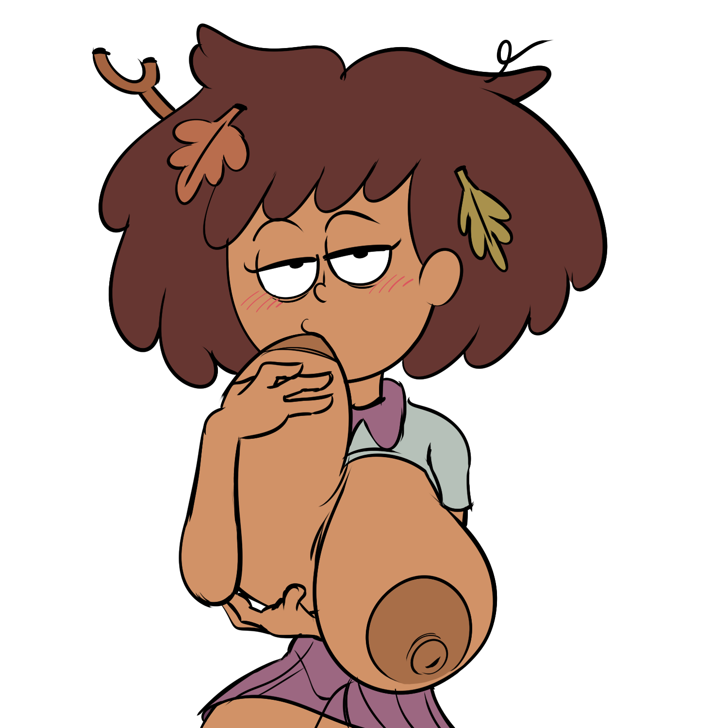 alpha channel, amphibia, anne boonchuy, artist request, breasts, breasts out, brown nipples, female, for sticker use, gigantic breasts, huge areolae, leaves in hair, png, self breast sucking, skirt, sticker template, sucking own breasts, transparent background, transparent png