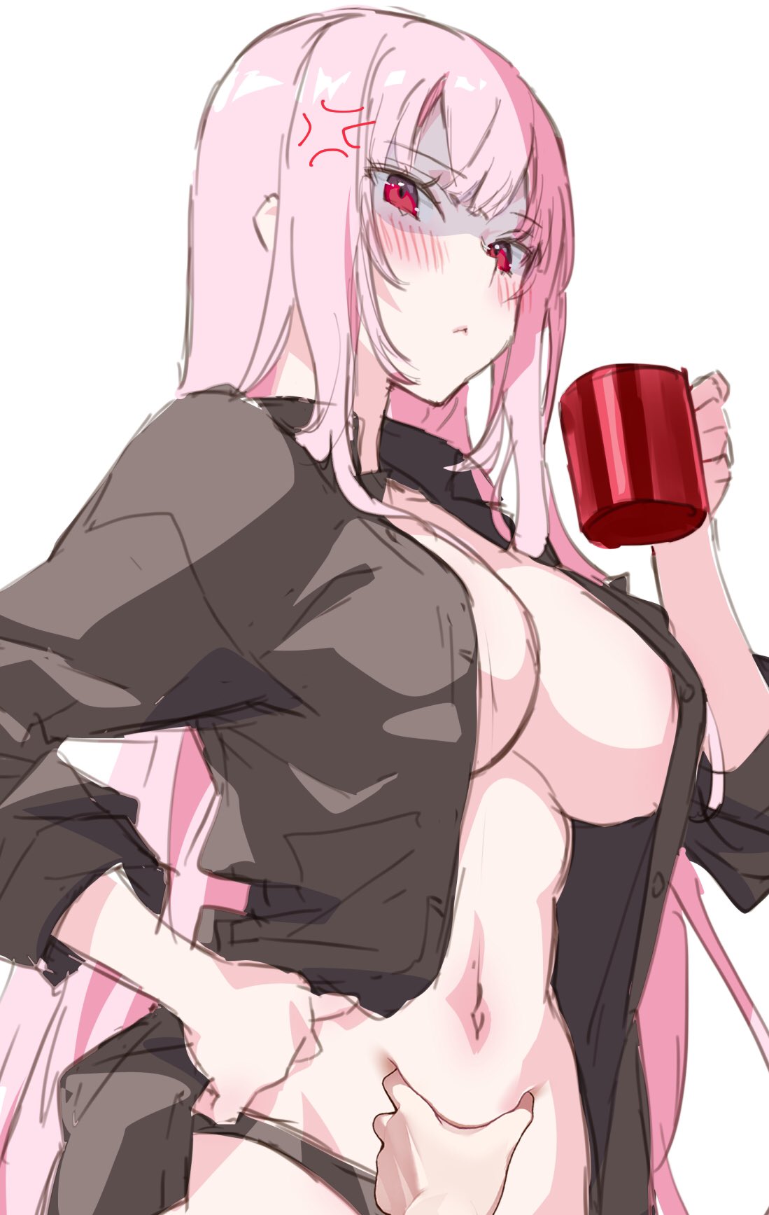 1boy 1girls anger_vein annoyed belly_grab big_breasts black_panties black_shirt breasts busty cheek_grabbing_material_(meme) cleavage coat coffee_mug collared_shirt cup female hand_on_hip highres holding holding_cup hololive hololive_english hololive_myth holomyth kamiya_maneki large_breasts long_hair looking_at_viewer male meme mori_calliope mug navel no_bra open_clothes open_shirt panties pink_hair pose posing pov red_eyes shaded_face shirt stomach_grab underwear very_long_hair virtual_youtuber voluptuous