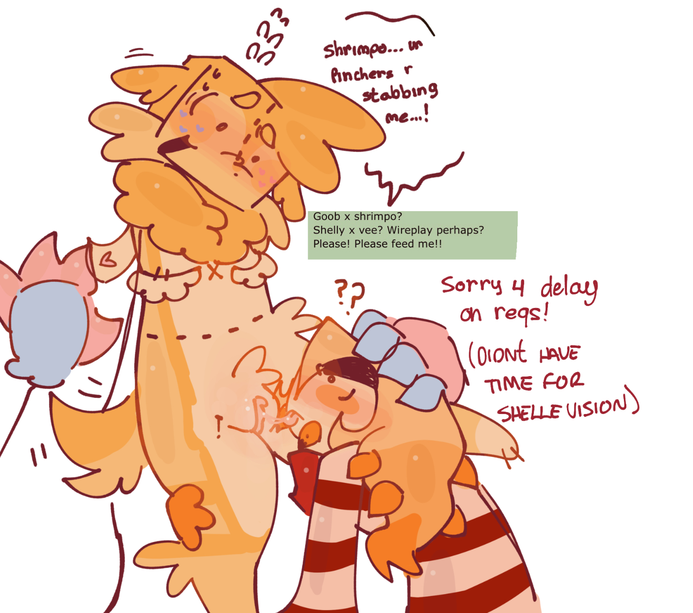 annoyed, clothed/nude, dandy's world, dandys world, fluffy, goob (dandy's world), licking pussy, nervous, pussy, pussy juice, shrimpo (dandy's world), stab wound, transgender, transmasc, wet