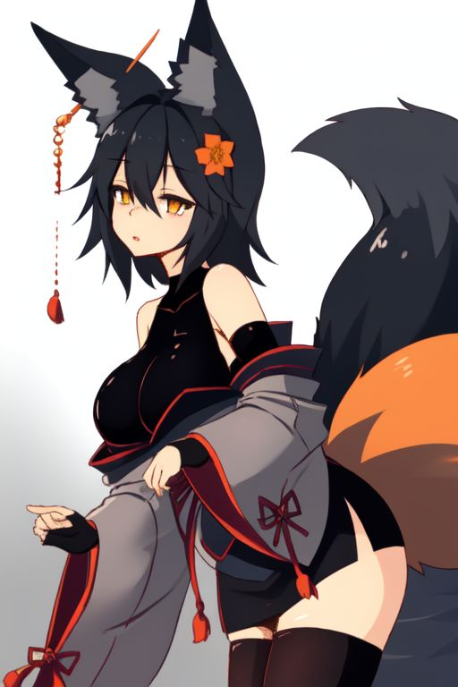 1girls ai_generated animal_ear_fluff animal_ears arm_sleeves bangs bare_shoulders black_armwear black_gloves black_legwear black_sleeves black_tail black_thighhighs curvy_thighs detached_sleeves female female fox_girl hair_between_eyes hair_ornament hairclip japanese_clothes large_breasts large_tail looking_at_viewer open_mouth orange_eyes orange_tail senkiri shiny_clothes short_hair skirt solo tail thighhighs thighs