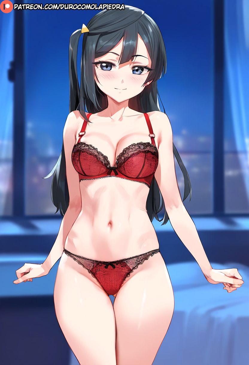 1girls ai_generated black_hair blue_eyes blush bra breasts clothing dclp female legs_together lingerie long_hair love_live! matching_underwear medium_breasts panties red_bra red_panties smile standing wide_hips yuuki_setsuna_(love_live!)