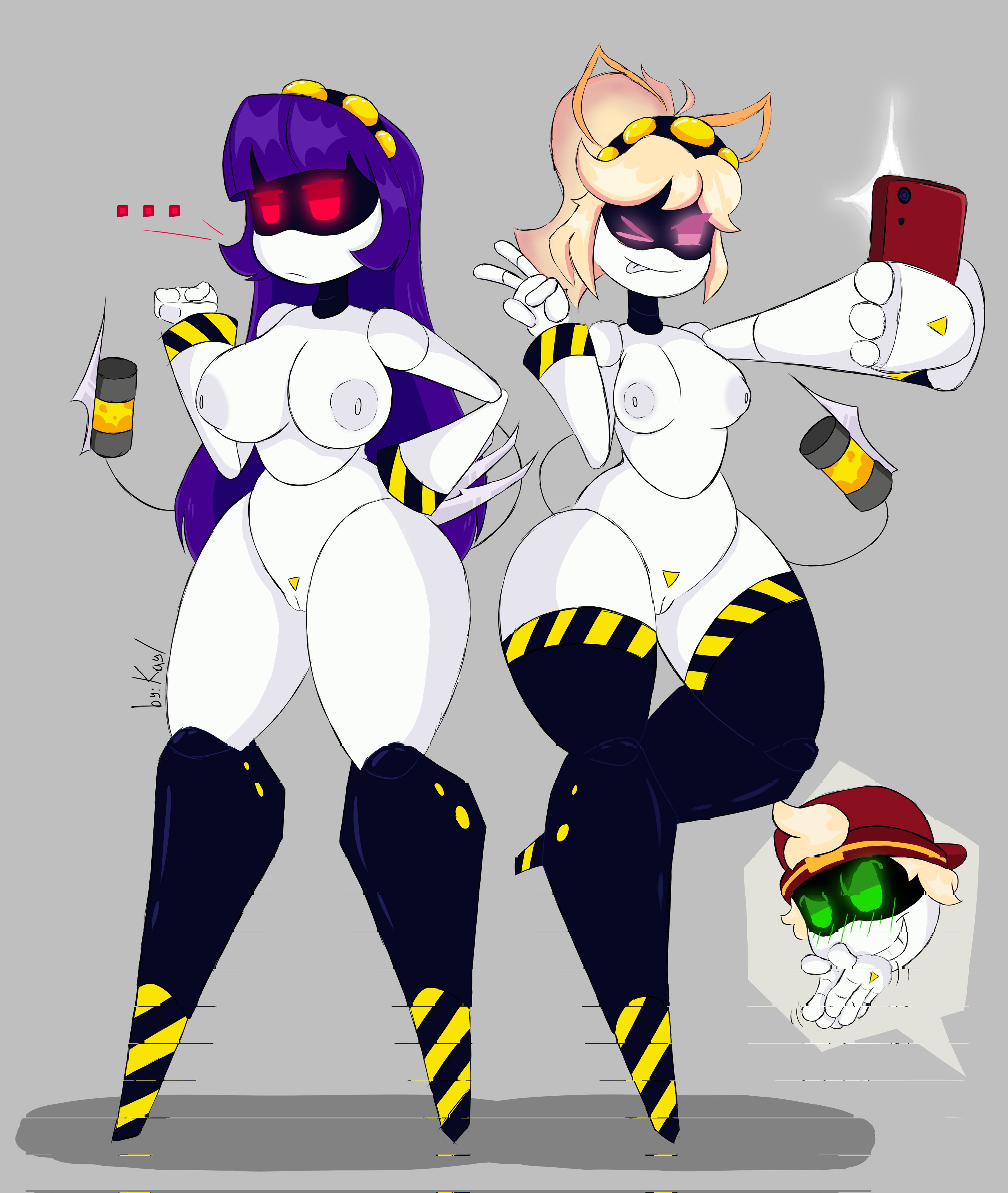 ..., 4 fingers, areolae, blonde hair, blush, blush lines, blushing, breasts, cap, cosplay, disassembly drone, doll (murder drones), female, garter straps, genitals, glitch productions, glowing eyes, green hair, grey areola, kayl, lizzy (murder drones), long hair, male, medium breasts, murder drones, naked, nipples, nude, nude female, purple eyes, purple hair, pussy, red eyes, robot, robot girl, selfie, short hair, small breasts, tail, thad (murder drones), thick thighs, thigh strap, thighhighs, thighs, white body, worker drone
