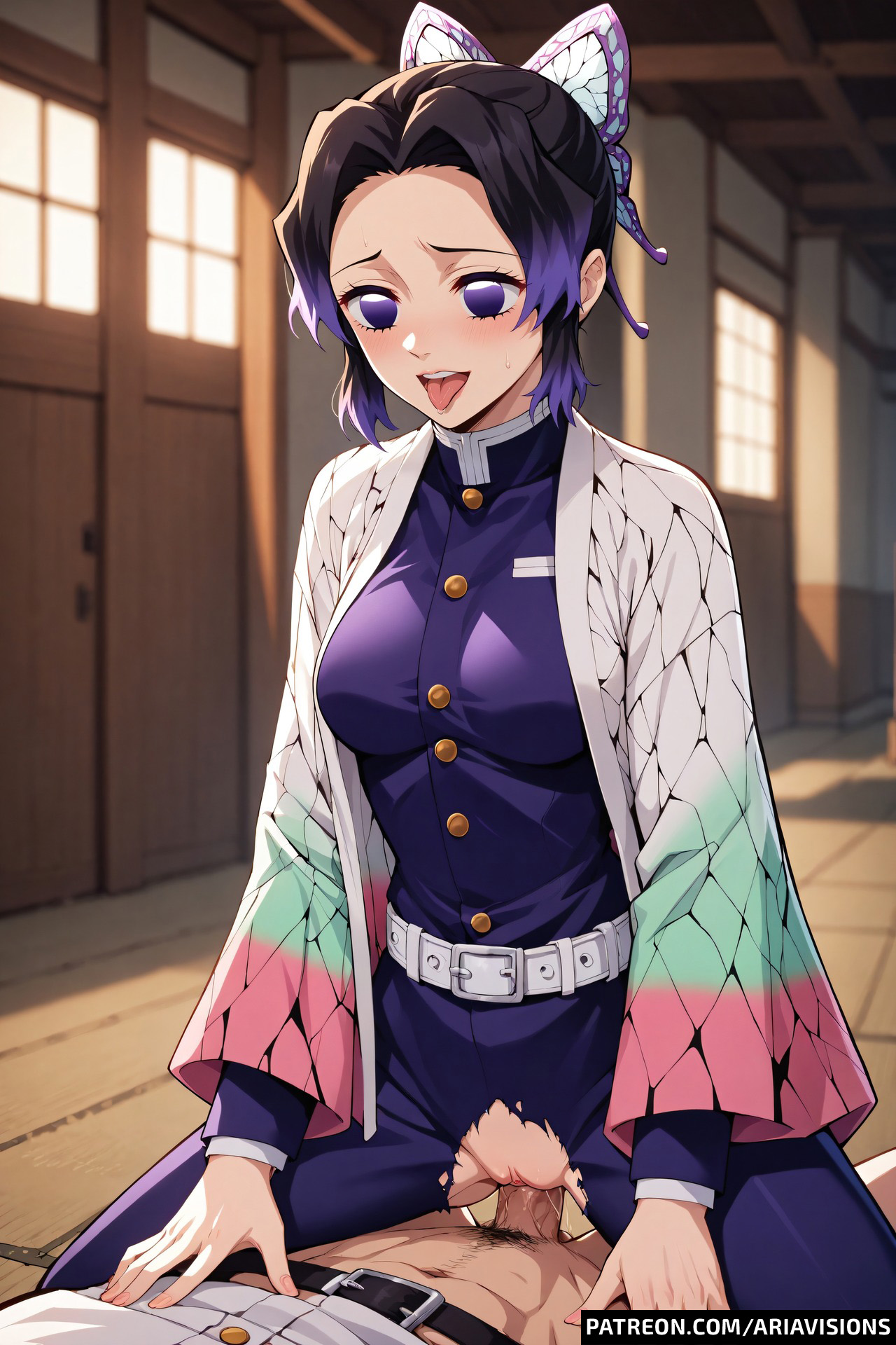 1boy, 1girls, ai generated, black hair, demon slayer, empty eyes, female, kimetsu no yaiba, kochou shinobu, male, mommy, multicolored hair, no pupils, purple eyes, purple hair, riding, sex, tongue, tongue out, torn clothes