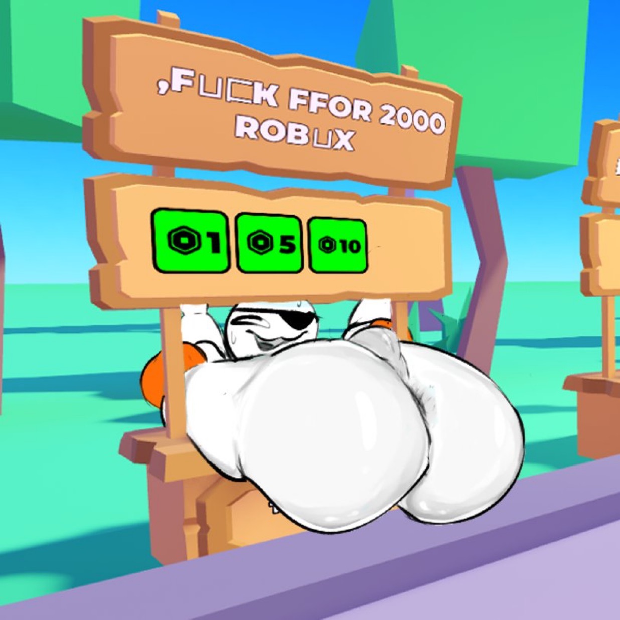 2d, ass, ass focus, asshole, bent over, edited screencap, eyepatch, gay, goober, holding legs, legs behind head, male, male only, orangehoodedman, paying with sex, pls donate, prostitution, public use, roblox, roblox background, roblox game, robux, shaded, sign, trist (trist10), trist10, white skin