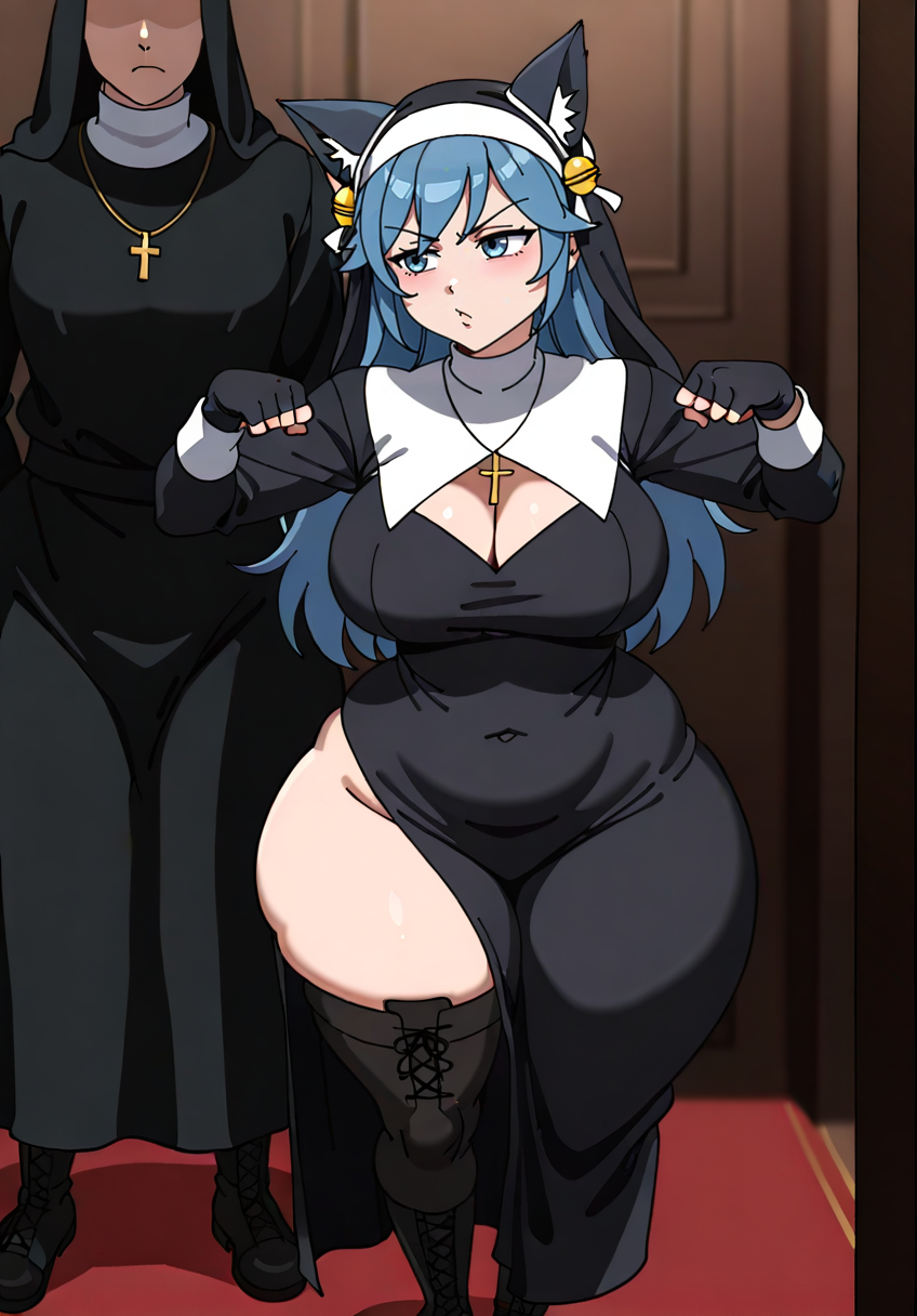 1girls ai_generated alternate_ass_size alternate_body_type animal_ears animal_humanoid ass bare_thighs bell bellathewolf belly big_ass blue_eyes blue_hair boots breasts dress female female_focus gacha gacha_life gachatuber humanoid necklace nun nun_outfit plump shirt_only simple_background solo tagme thick_thighs thighhighs thighs tiktok wolf_ears wolf_girl youtube