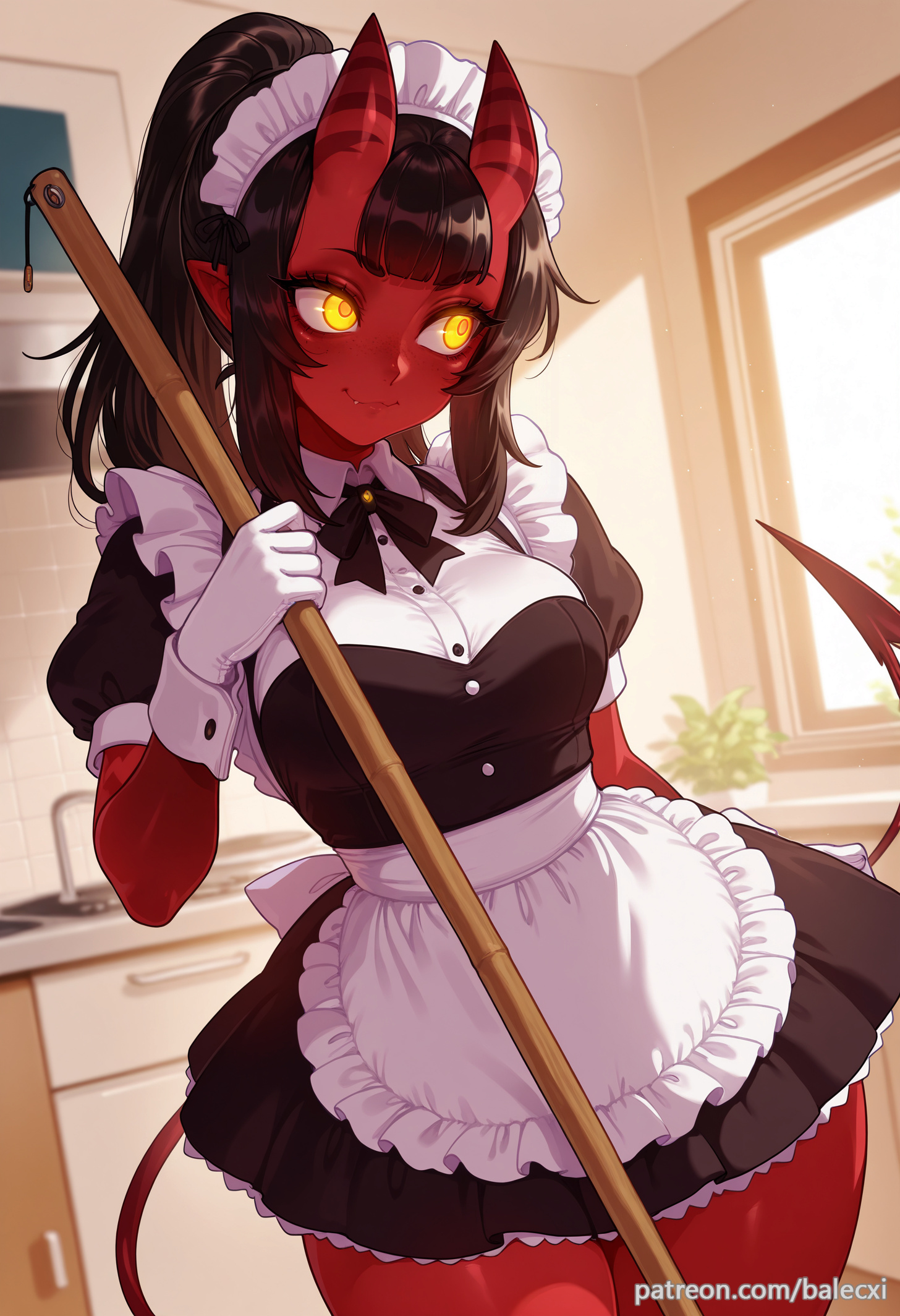 ai generated, balecxi, barista, black dress, black hair, blunt bangs, breasts, colored skin, demon, demon girl, demon tail, female, freckles, indoors, long hair, maid, maid headdress, medium breasts, meru (merunyaa), meruccubus (merunyaa), mole, mole under eye, oerba yun fang, original, pointy ears, ponytail, puffy short sleeves, puffy sleeves, red oni, red skin, short sleeves, skin-covered horns, smile, solo, white apron, white gloves, window, yellow eyes