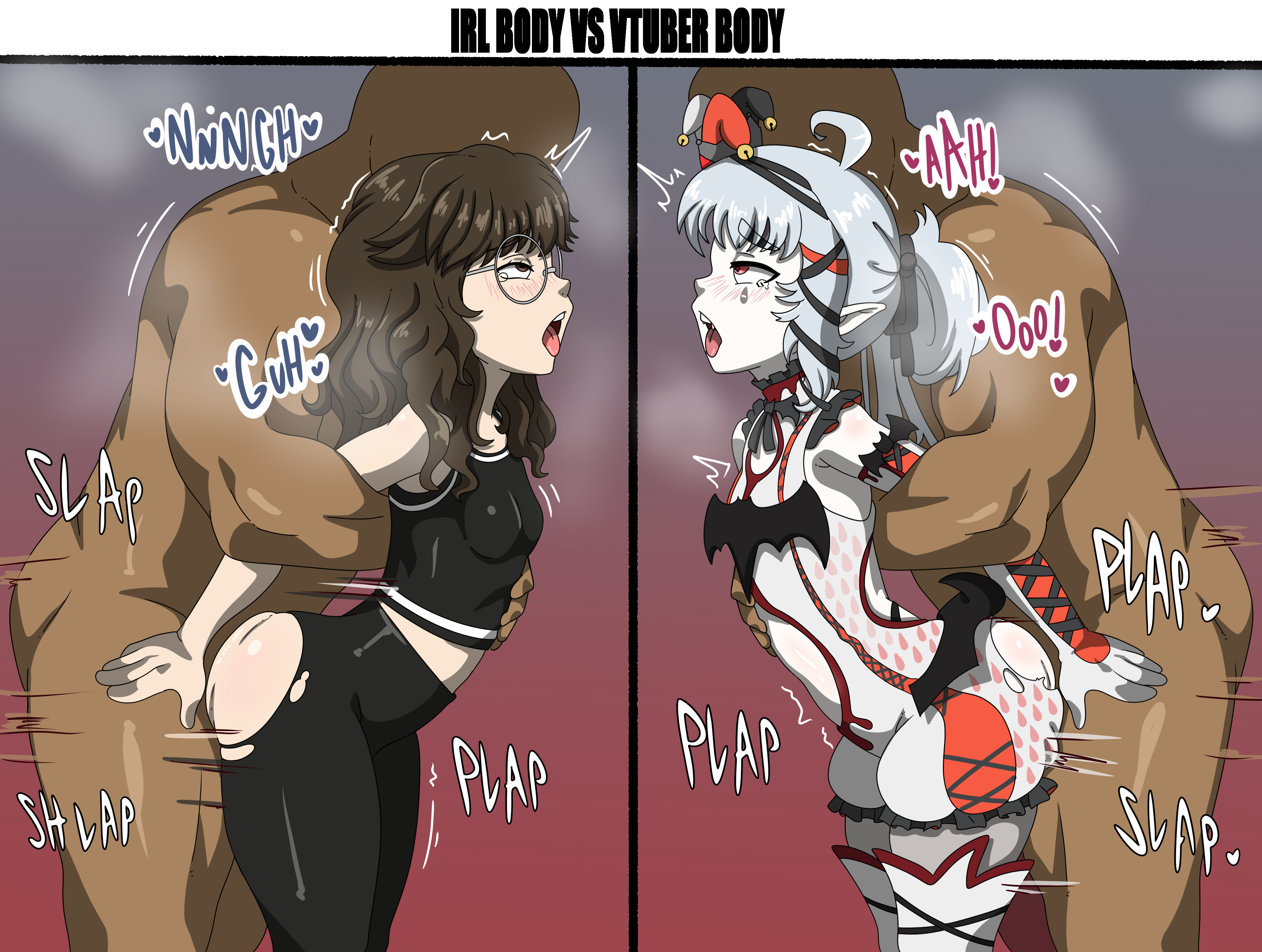 2025, 2boys, 2d, 2d (artwork), 2girls, adult female, ahoge, arms behind back, big ass, brown hair, caption, captioned, clothed female nude male, dark-skinned male, english text, fat ass, female, flat chest, glasses, grey hair, indie virtual youtuber, koni urameshi, parallel sex, pipislayer, pipislayer (irl), plap, real person, red eyes, ripped clothing, ripped pants, same person, short woman, small breasts, split screen, tears, text, tongue, tongue out, torn clothes, vampire girl, virtual youtuber, vtuber, youtube, youtuber, youtuber girl
