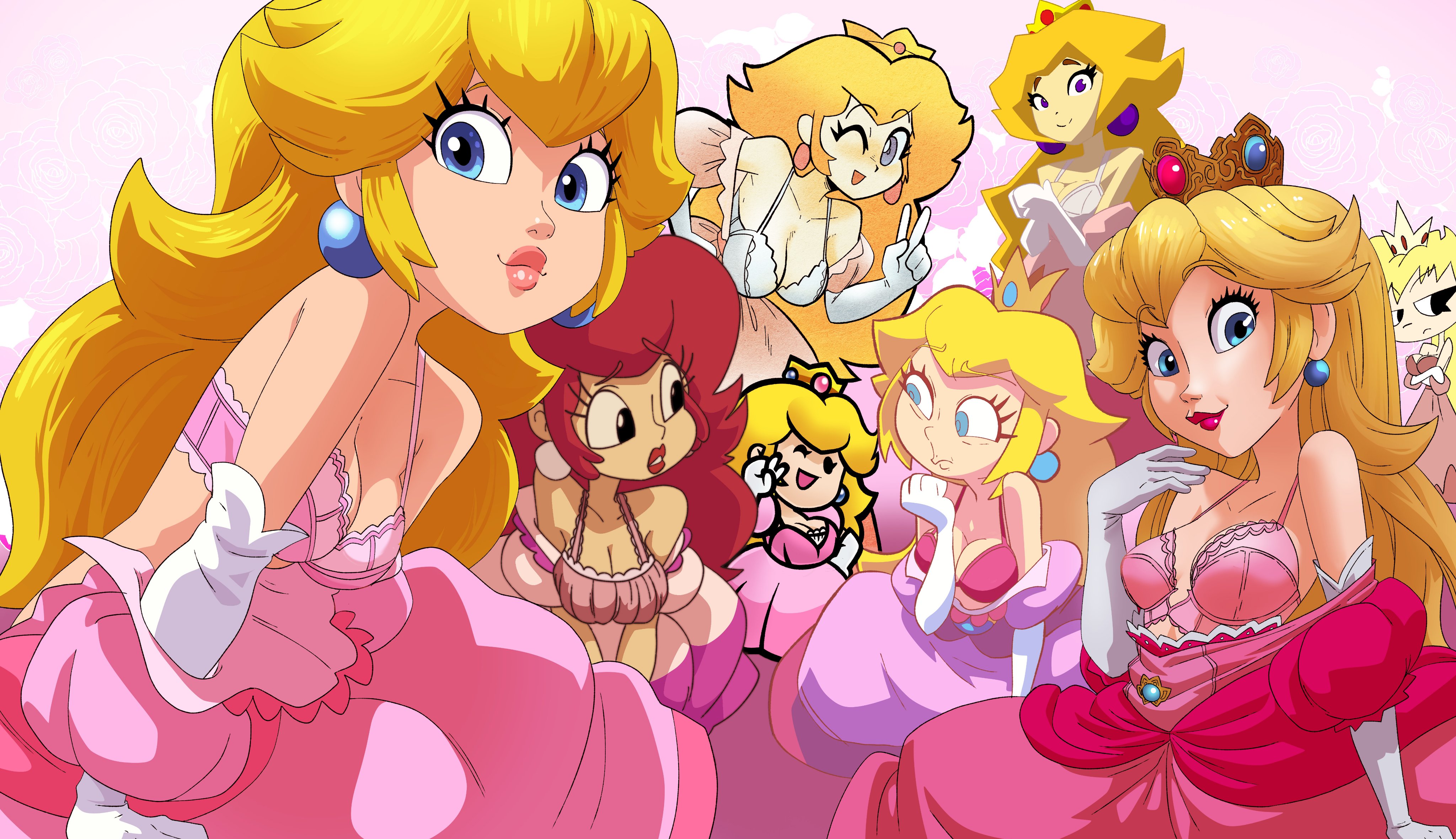 2020s, 2022, 6+girls, absurdres, blonde hair, blue eyes, bra, brown hair, coolerinker, crown, dic entertainment, dress, earrings, egoraptor (style), female, female focus, frilled bra, frills, gloves, highres, inker comics, inkershike, jewelry, low poly peach, mario (series), mini crown, multiple females, multiple girls, multiple persona, nintendo, off shoulder, paper mario, pink bra, pink dress, pink lips, princess peach, red lips, smile, sphere earrings, square crossover, starbomb, super mario 64, the super mario bros. movie, the super mario bros. super show!, underwear, undressing, v, white gloves