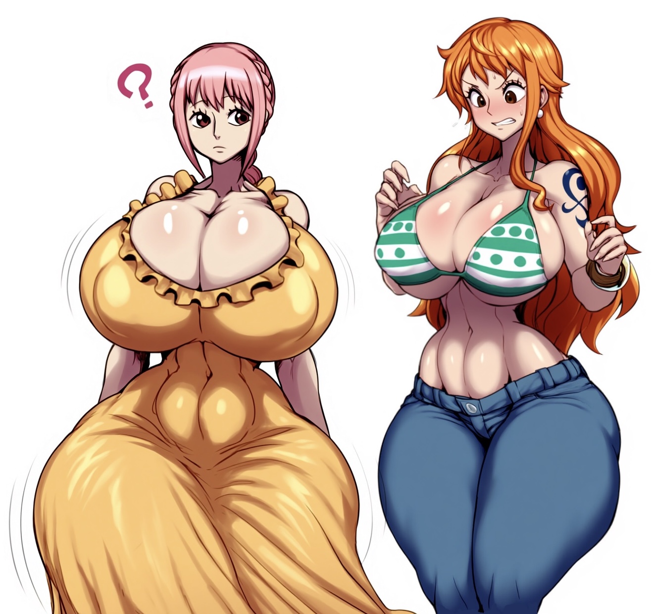 ai generated, artist request, breast envy, breast size difference, breasts, clothing, female, female only, gigantic breasts, huge breasts, nami (one piece), one piece, post-timeskip, rebecca (one piece)