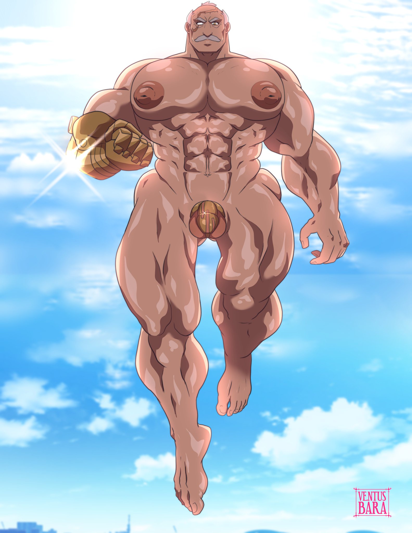 abs, balls, bara, big nipples, big pecs, chastity cage, chastity device, completely nude, conquest (invincible), dilf, facial hair, flying, full body, gay, invincible, invincible (comics), invincible (tv series), male, male focus, male only, mature male, muscular, muscular male, muscular thighs, nipples, nude, nude male, old male, older male, pecs, scar, scar across eye, solo, ventusbara, yaoi
