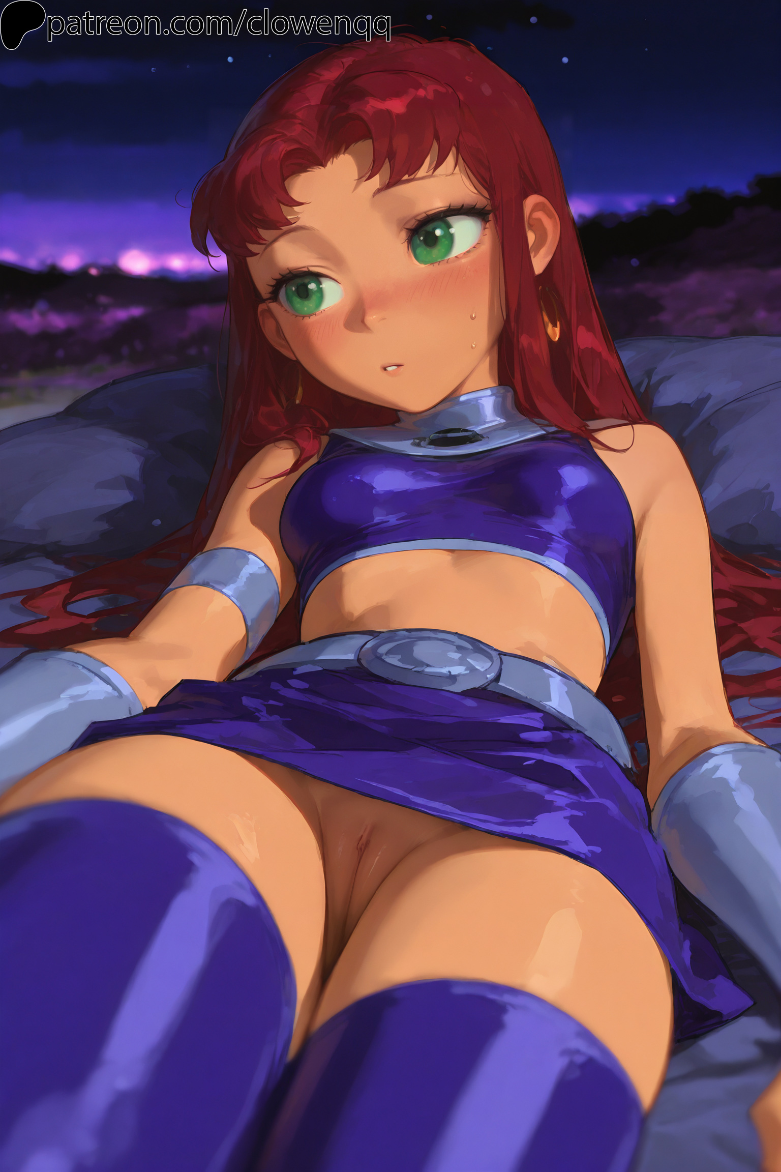 1girls, ai generated, blush, breasts, clowenqq, dc, dc comics, female, female focus, female only, green eyes, looking away, lying, lying on back, no panties, on back, pussy, red hair, skirt, small breasts, solo, solo female, solo focus, starfire, teen titans, thick thighs, thighhighs, thighs, uncensored