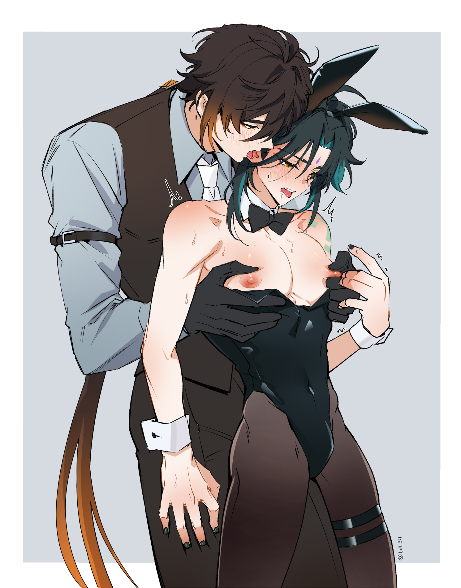 2boys, black hair, blue background, brown hair, bunny ears, bunnysuit, gay, genshin impact, light skin, light-skinned male, lj3, lji 321, male, male only, orange hair, pink nipples, xiao (genshin impact), yaoi, yellow eyes, zhongli (genshin impact)