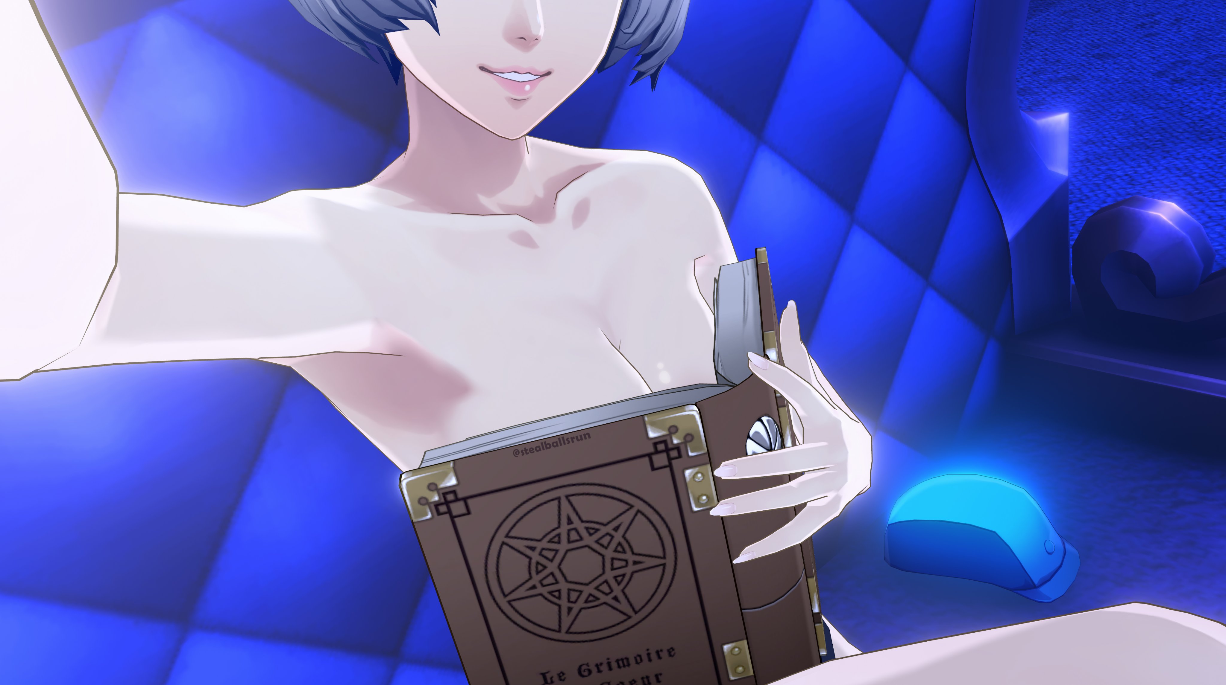 1girls, 3d, book, book covering breasts, breast focus, breasts, casual, covering breasts, elizabeth (persona), female, female focus, female only, highres, human, light skin, light-skinned female, megami tensei, meme, meme reference, nude, nude female, ouch meme, pale skin, pale-skinned female, parted lips, persona, persona 3, short hair, smile, solo, solo female, solo focus, stealballsrun, teasing, white hair