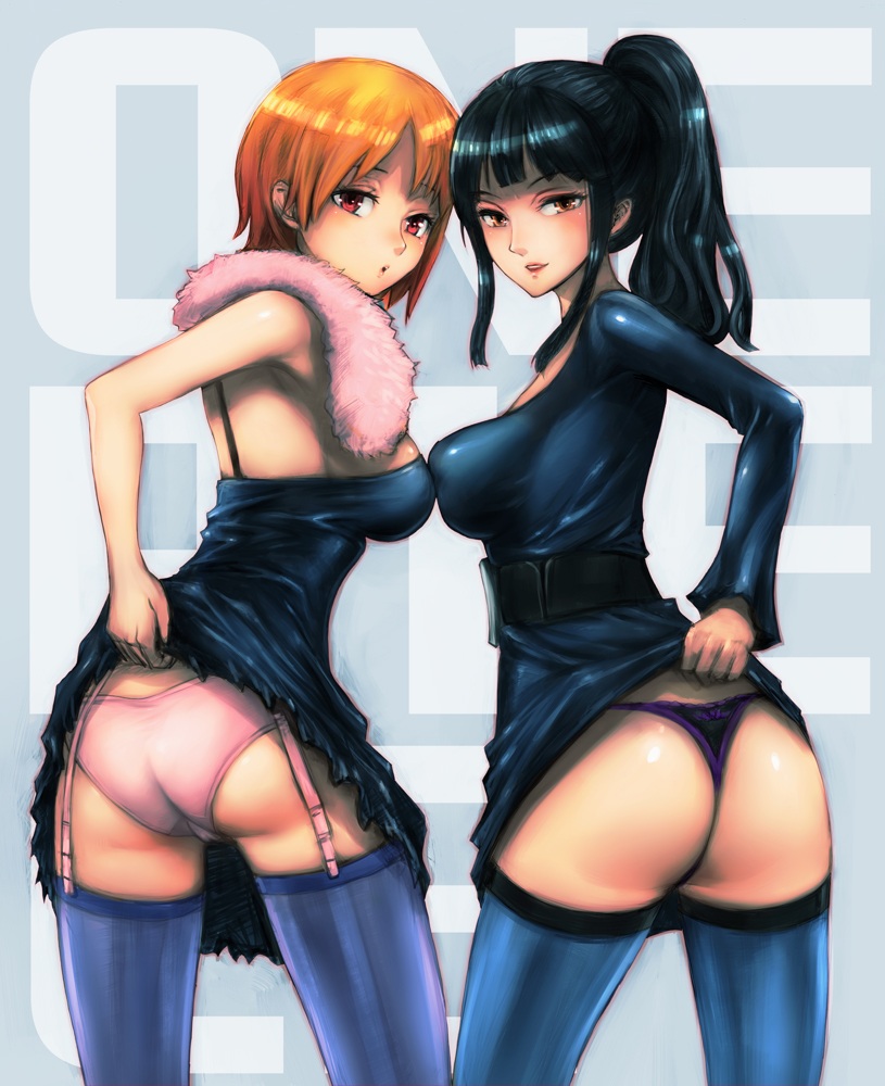 2girls, ass, asymmetrical docking, back-seamed legwear, black hair, black-haired female, blush, boyaking, breast press, breasts, brown eyes, clothes lift, clothing, dress, dress lift, female, female only, from behind, garter straps, large breasts, long hair, looking back, medium breasts, multiple females, multiple girls, nami (one piece), nico robin, one piece, one piece film strong world, one piece: strong world, orange hair, orange-haired female, panties, ponytail, pre-timeskip, red eyes, seamed legwear, short hair, skirt, skirt lift, smile, symmetrical docking, thighhighs, thong, underwear