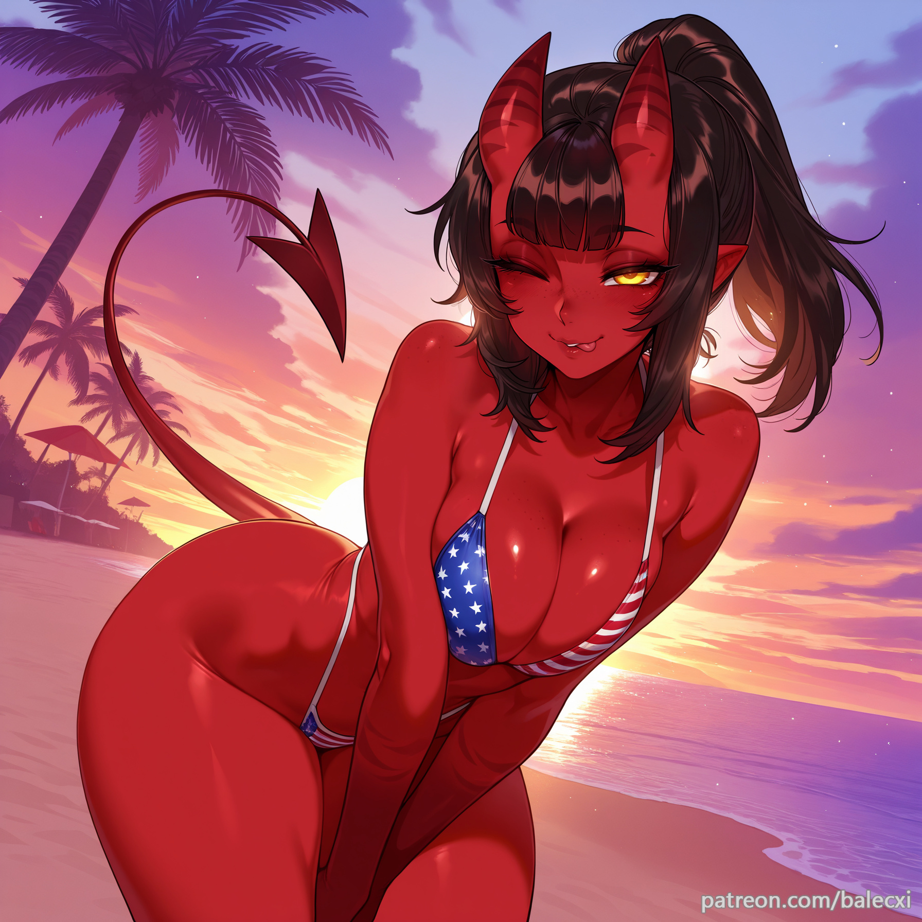 ai generated, american flag bikini, balecxi, barista, beach, black hair, breasts, cleavage, colored skin, demon, demon girl, demon horns, demon tail, female, flag print, freckles, large breasts, long hair, looking at viewer, meru (merunyaa), meruccubus (merunyaa), mole, mole under eye, one eye closed, original, outdoors, palm tree, pointy ears, ponytail, red oni, red skin, skin-covered horns, solo, sunset, swimsuit, tongue, tongue out, yellow eyes