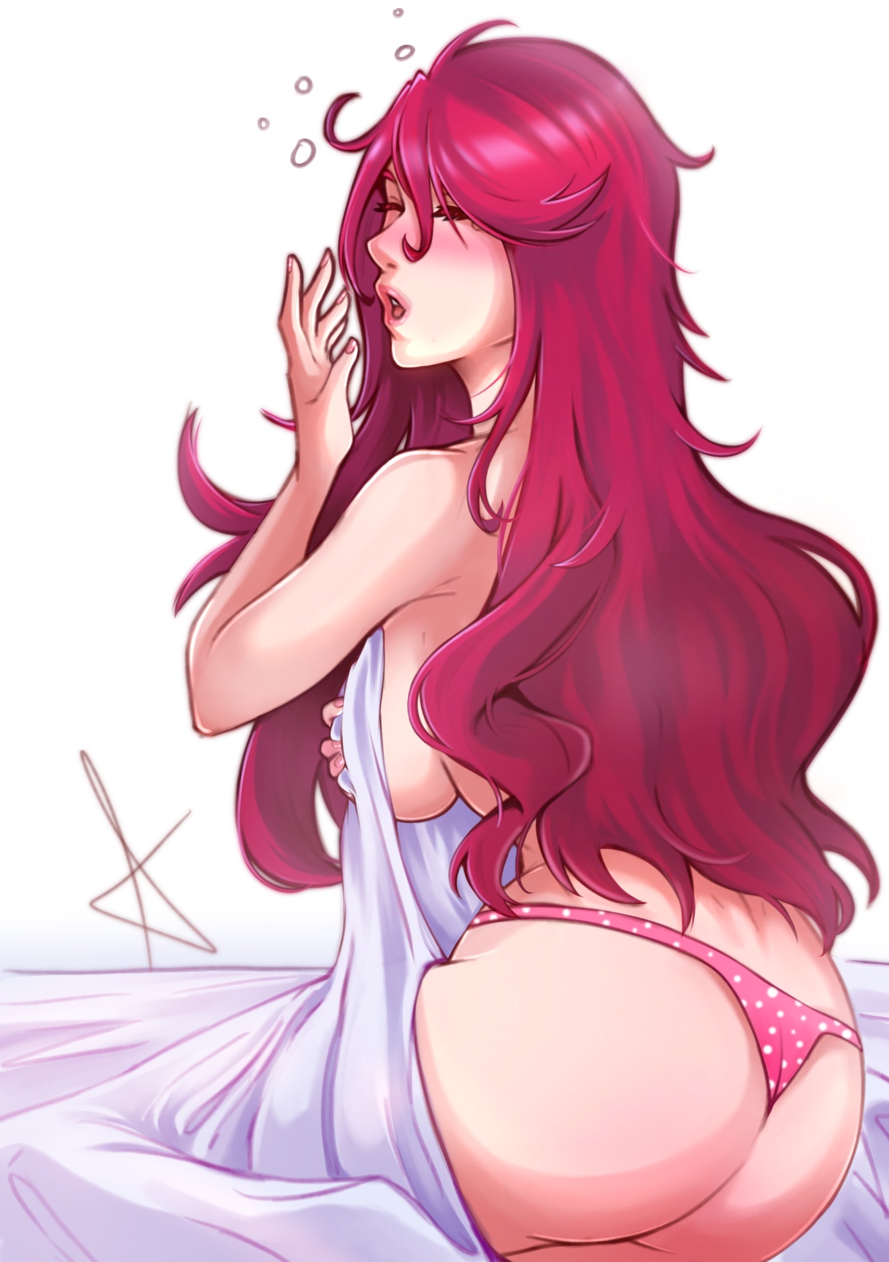 1girls, ass, ass focus, bed, bed sheet, big ass, big breasts, blush, blushing, breasts, covering breasts, covering nipples, female, female only, kirijou mitsuru, large ass, long hair, megami tensei, messy hair, mitsuru kirijo, panties, persona, persona 3, pink panties, red draws, red hair, sideboob, solo, solo female, thong, topless, waking up