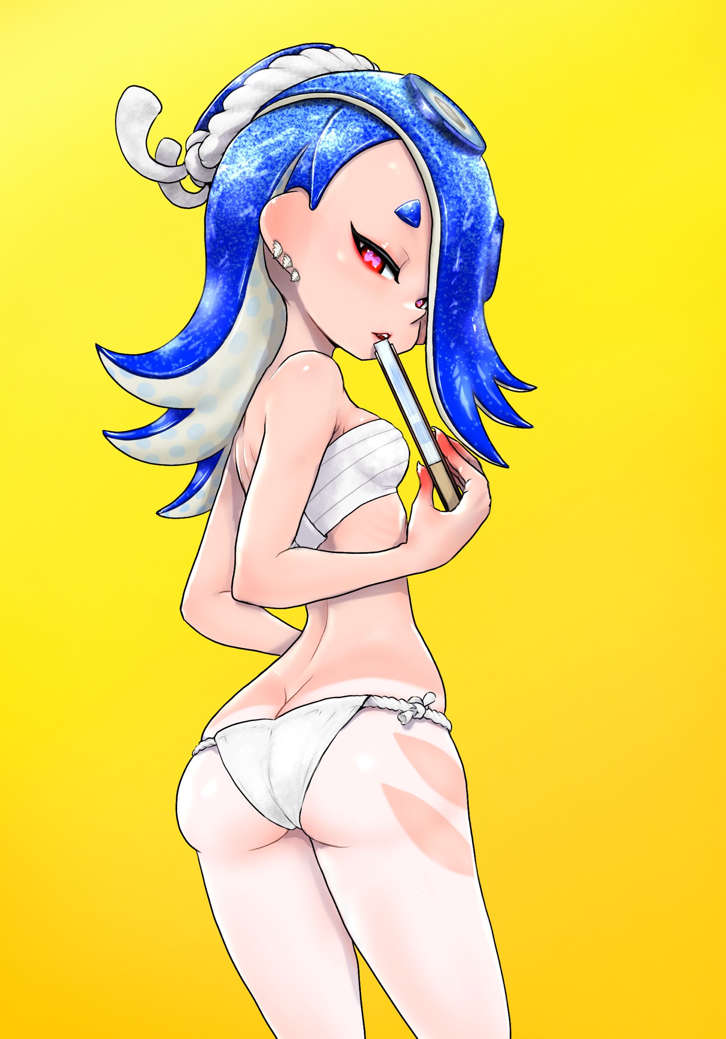 1girls, 2d (artwork), blue hair, breast bandage, breasts, deep cut (splatoon), digital drawing (artwork), digital media (artwork), female, female focus, female only, koharuno2, looking at viewer, looking back, nintendo, octoling, octoling girl, panties, red eyes, sarashi, seductive, seductive look, shiver (splatoon), shiver hohojiro, splatoon, splatoon (series), splatoon 3, tanline, tentacle hair, underwear, yellow background