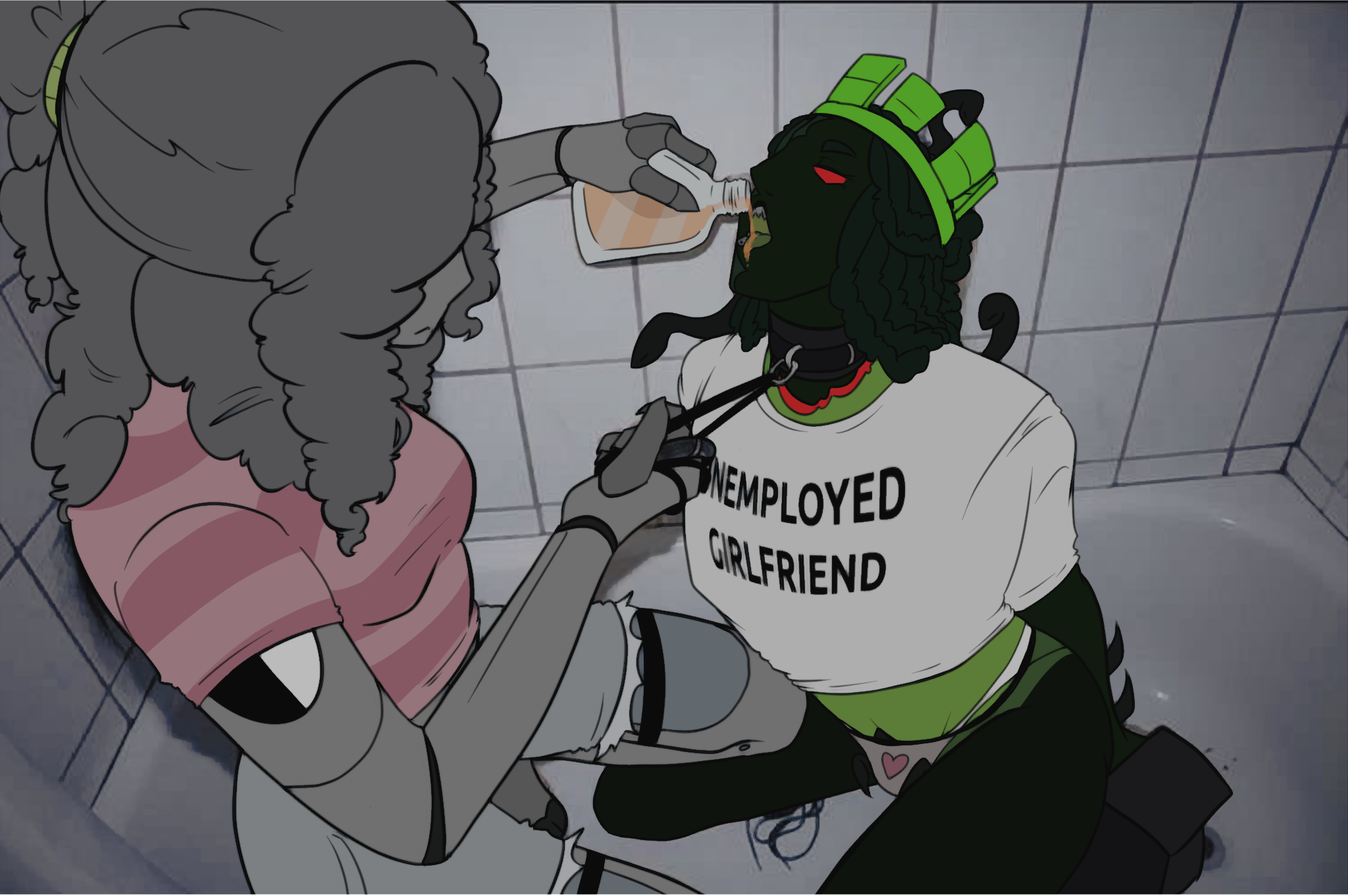 1x1x1x1, 2futas, alcohol, bathtub, collar, crop top, drinking alcohol, futa on futa, futa only, futa/futa, futanari, image reference, jeans, joke art, leash, leash and collar, leash pull, luvrrbee, panties, pouring alcohol, pouring drink, redraw, roblox, roblox (character), robloxian, self upload, suggestive, suggestive pose, tagme, tights, untitled roblox game