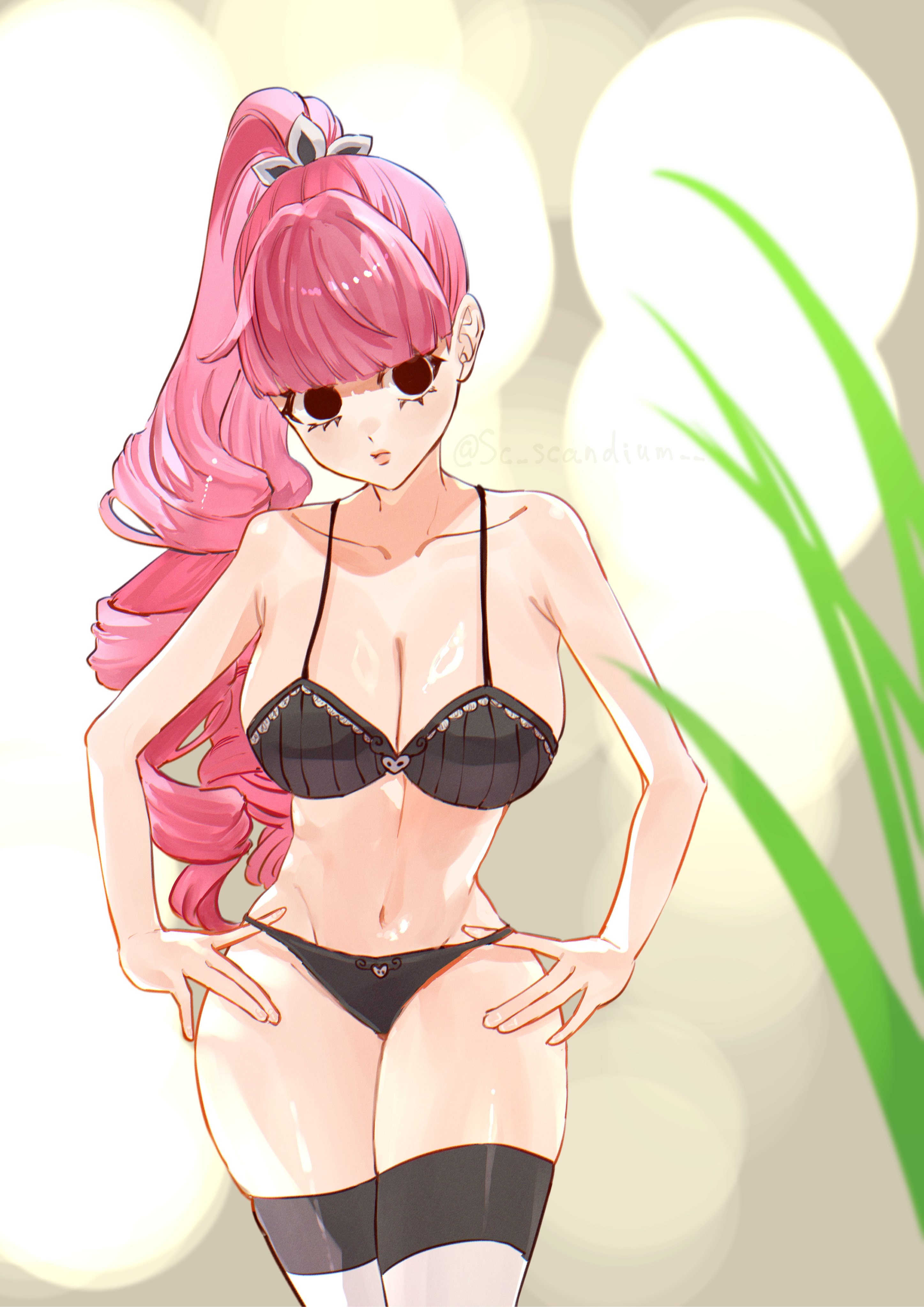 1girls, artist name, bangs, bare arms, big breasts, black bra, black eyes, black panties, black underwear, bra, breasts, cleavage, clothing, collarbone, curvaceous, curvy, curvy female, curvy figure, female, female focus, female only, fit, fit female, large breasts, light skin, light-skinned female, long hair, midriff, navel, one piece, panties, perona, pink hair, pink-haired female, ponytail, sc scandium, skindentation, slim waist, socks, solo, solo female, solo focus, standing, striped legwear, thick thighs, thigh socks, thighhighs, thighs, thin waist, tied hair, underwear, watermark, white socks