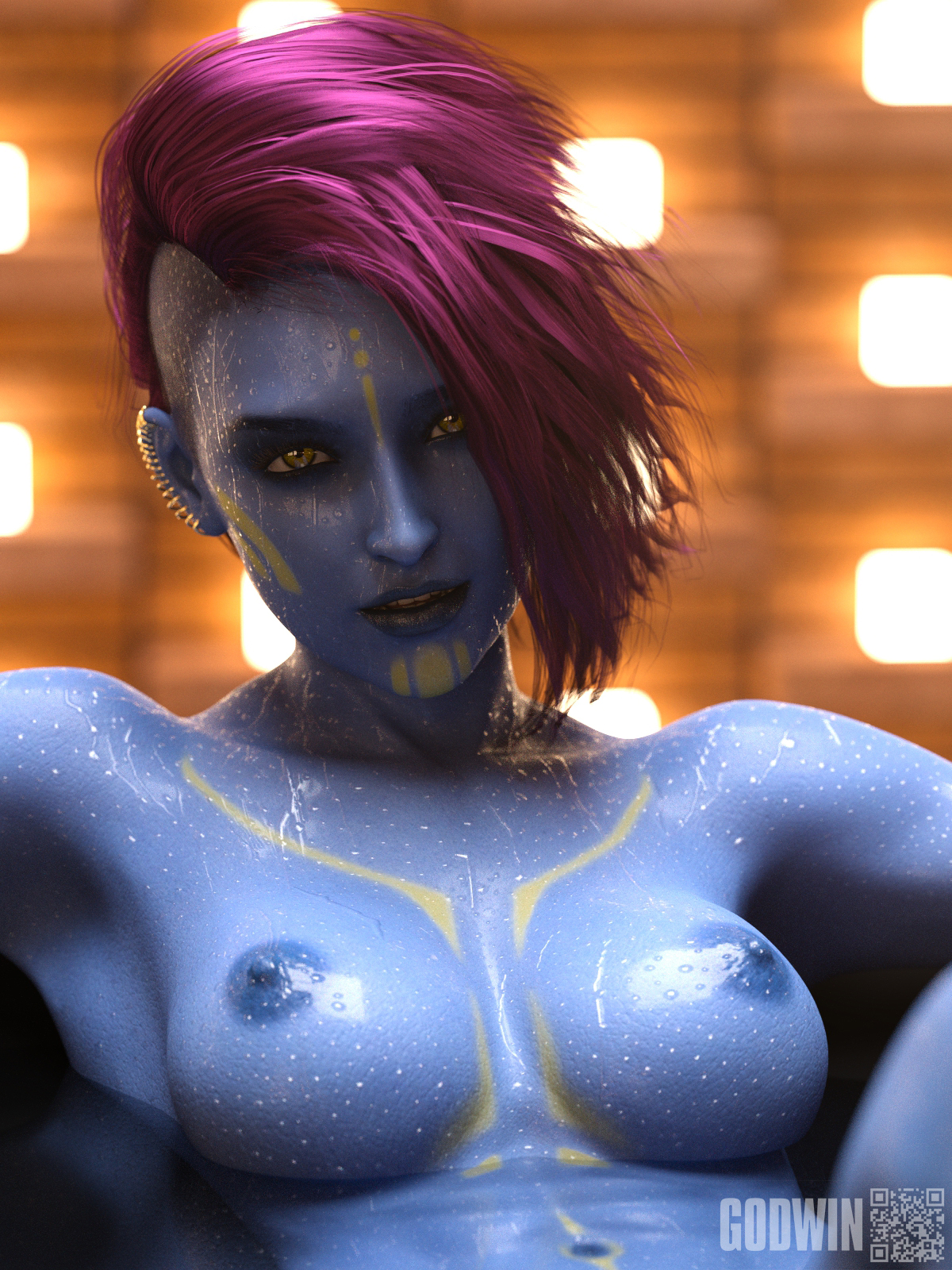 1girls, 3d, abs, alien, alien girl, areolae, asymmetrical hair, bath, bathing, bathroom, blue skin, breasts, breasts out, bust, earrings, fan character, female, female focus, female only, fit, fit female, godwin, jewelry, looking at viewer, markings, nipples, nude, nude female, original, pantoran, pink hair, pinup, purple hair, star wars, star wars: the old republic, tagme, water, wet, wet body, wet skin, yellow eyes