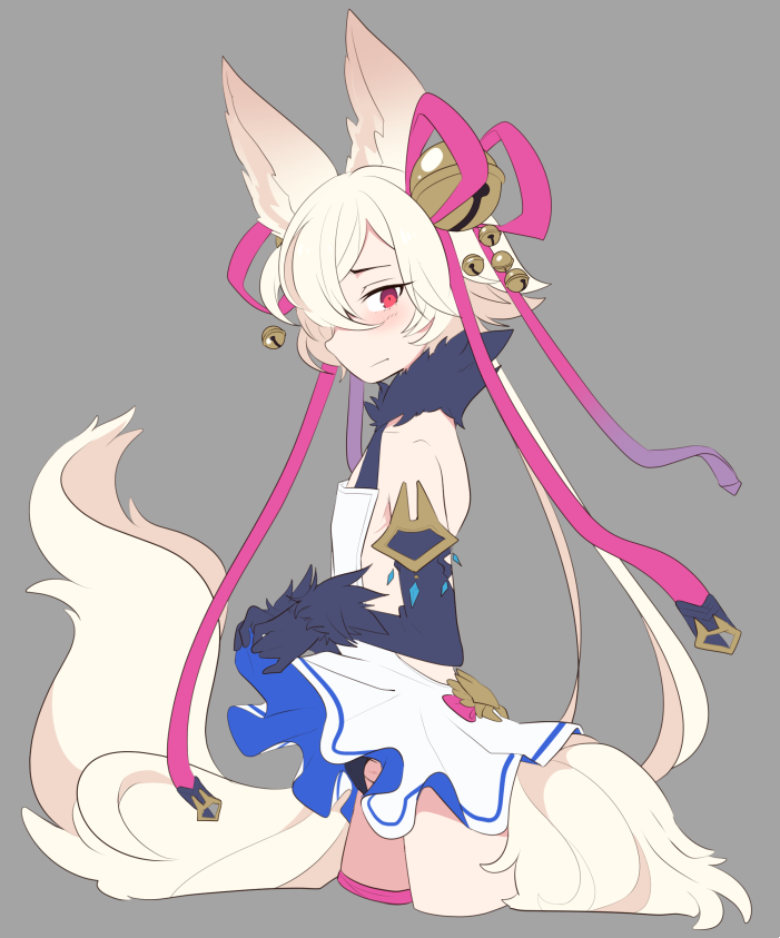 1boy animal_ears backless_outfit bell blush brown_eyes dress elbow_gloves erection erun_(granblue_fantasy) fox_ears fox_tail gloves granblue_fantasy hair_bell hair_ornament hair_over_one_eye hair_ribbon kou_(granblue_fantasy) long_hair male mzh off_shoulder ponytail ribbon tail trap very_long_hair