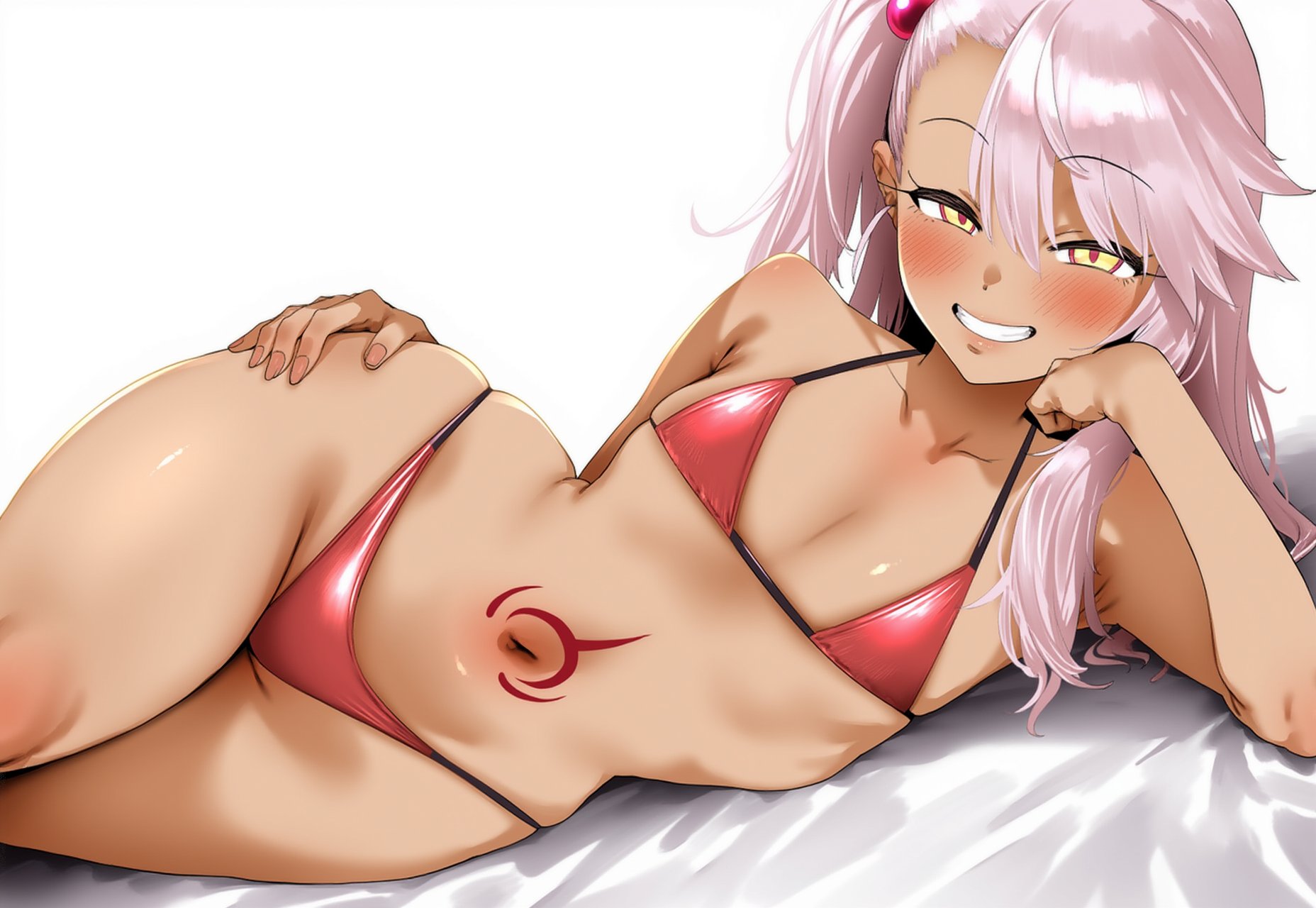 1girls, ai generated, chloe von einzbern, dark skin, dark-skinned female, fate (series), fate/grand order, female, female only, flat chest, goddesscynthia, highleg, narrow waist, pink bikini, pink hair, solo, thick thighs