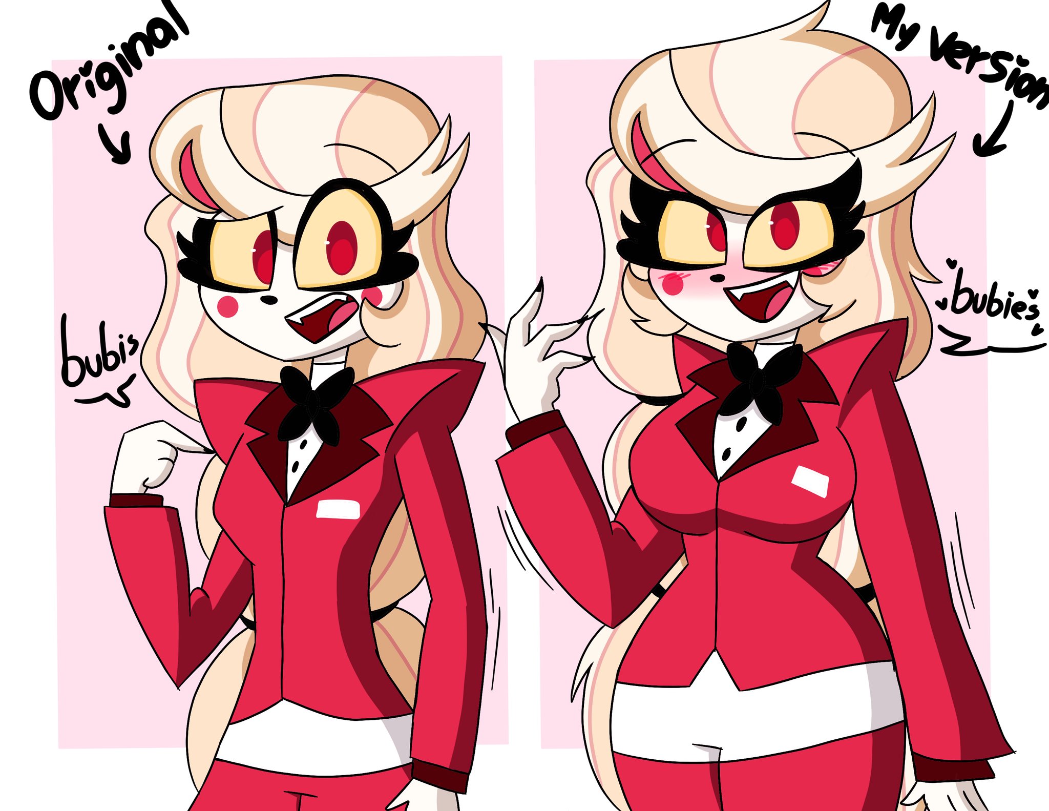 blonde hair, blush, breasts, canon vs fanon, charlie morningstar (hazbin hotel), english text, female, hazbin hotel, large breasts, medium breasts, red clothing, tagme, the titan draw, white clothing, white skin