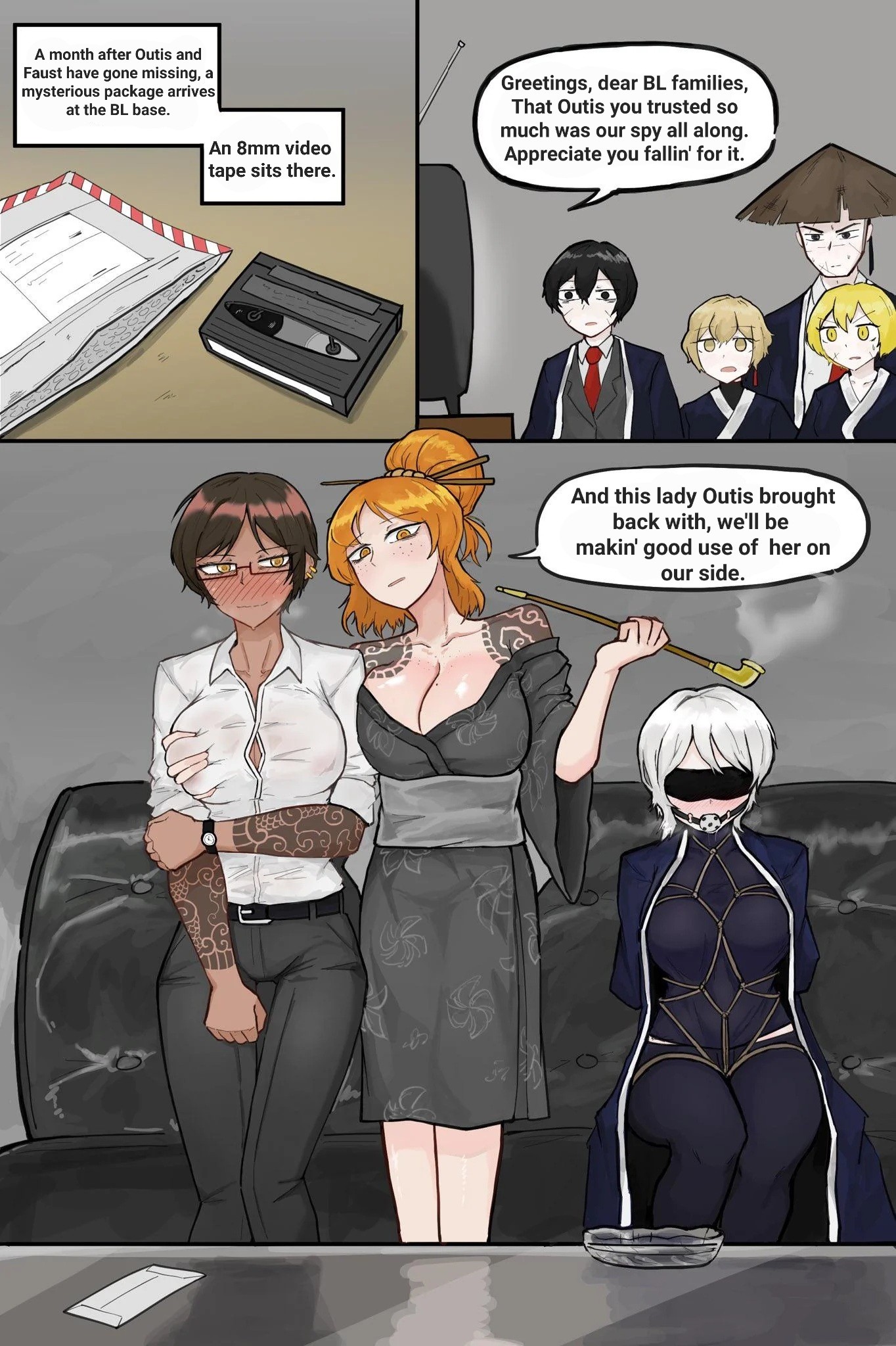 3boys, 4girls, black mail, blackmail, blade lineage (identity) (project moon), blindfold, bondage, breasts, clothed bondage, dialogue, don quixote (limbus company), english text, faust (limbus company), female, fully clothed, gagged, gagged female, groping, groping breasts, irezumi, ishmael (limbus company), kurokumo clan (identity) (project moon), limbus company, male, manipulation, meursault (limbus company), nervous, nervous smile, outis (limbus company), praycity0925, project moon, sinclair (limbus company), spy, spying, tattoo, tattoos, text, translated, vhs tape, video tape, watching, watching tv