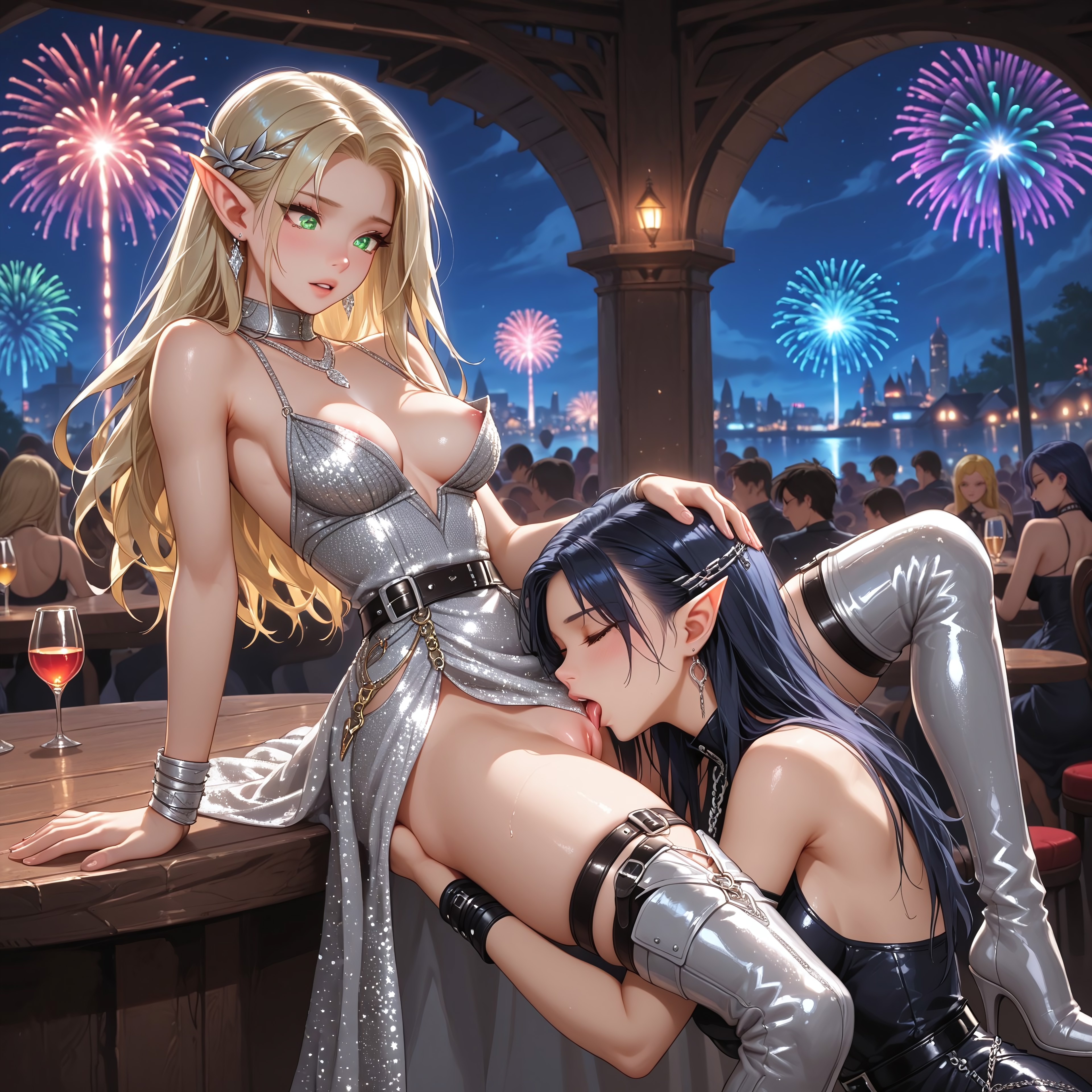 ai, ai generated, belt, bethiella, black hair, blonde female, blonde hair, blood elf, chocker, city background, civitai, cleavage, cuffs, cunnilingus, dress, earrings, elf, elf ears, elf female, f/f, female, female only, female/female, fireworks, glitter dress, green eyes, hand on head, high heels, high resolution, highres, jewelry, lake, leather, leather clothing, lesbian sex, licking, licking pussy, medium breasts, necklace, new year, newyear, nip slip, nipples, on table, public, public nudity, public sex, restaurant, thigh highs, thighhighs, thighs, wine glass, world of warcraft, yuri