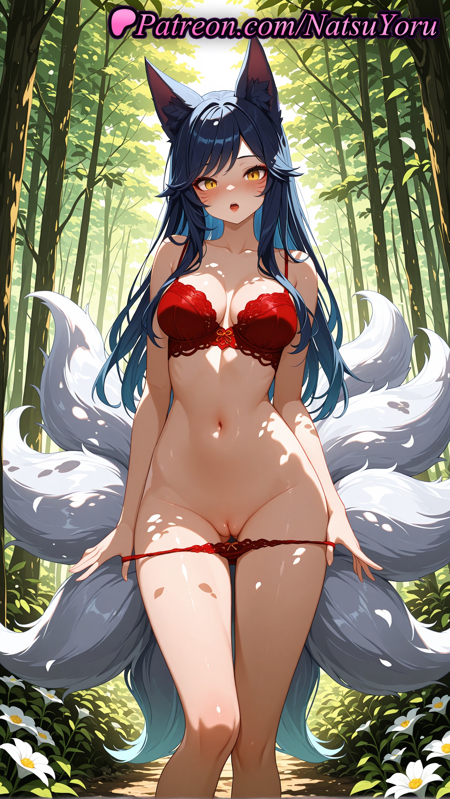 1girls, 2025, ahri, ai assisted, ai generated, animal ear fluff, animal ears, anime, anime style, ass visible through thighs, bamboo, bamboo forest, bangs, bare shoulders, black hair, blue hair, blush, bra, breasts, bust, busty, cleavage, cleft of venus, collarbone, day, facial mark, feet out of frame, female, female focus, female only, flower, forest, fox ears, fox girl, fox tail, groin, hi res, high quality, high resolution, highres, kitsune, kyuubi, lace trim, lace-trimmed bra, lace-trimmed panties, large breasts, league of legends, league of legends: wild rift, lingerie, long hair, looking at viewer, makeup, multi tail, natsuyoru, nature, navel, non-asian, open mouth, outdoors, paipan, panties, pantsu, panty pull, patreon, pulled by self, pussy, pussy juice, red bra, red panties, riot games, slit pupils, solo, solo female, stable diffusion, standing, stomach, sunlight, swept bangs, tail, tails, thigh gap, thighs, tree, uncensored, underwear, underwear only, vagina, voluptuous, voluptuous female, whisker markings, white flower, yellow eyes