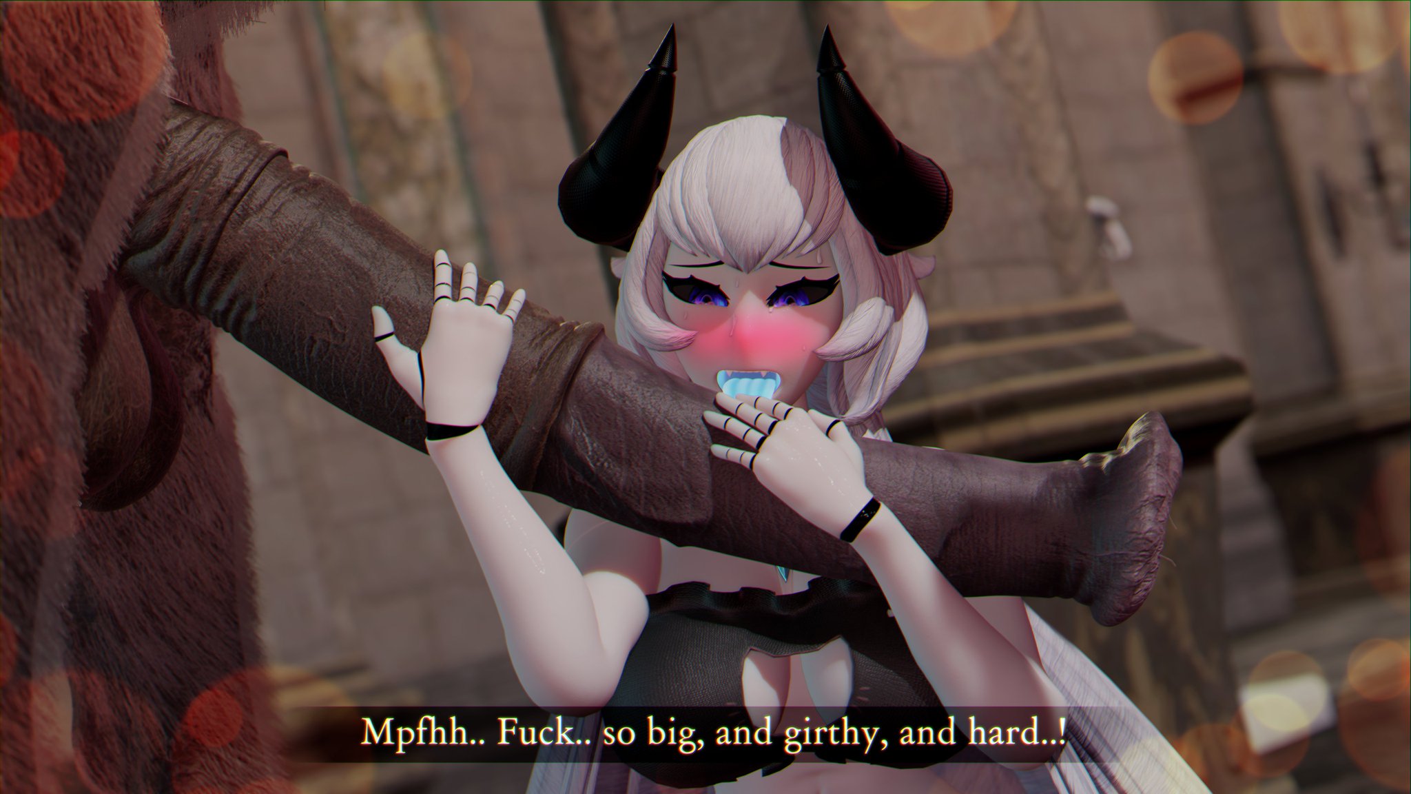 3d, big breasts, blue tongue, blush, boob window, breasts, cock hungry, derpydo, dialogue, fellatio, female, gardenofeden, horns, horny female, horse, horsecock, huge breasts, licking penis, male, paradisegardens, penis, penis awe, robot, robot girl, skimpy clothes, smile, tongue, tongue out, white hair, zoophilia