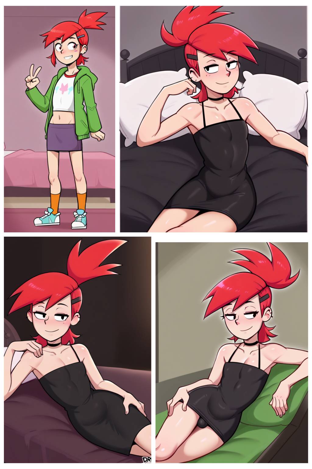 1boy ai_generated boy bulge cartoon_network crossdressing crossplay dross_(style) femboy foster's_home_for_imaginary_friends frankie_foster gay male_focus miniskirt otoko_no_ko ponytail red_hair seductive_pose thong trap tube_dress wide_hips yaoi