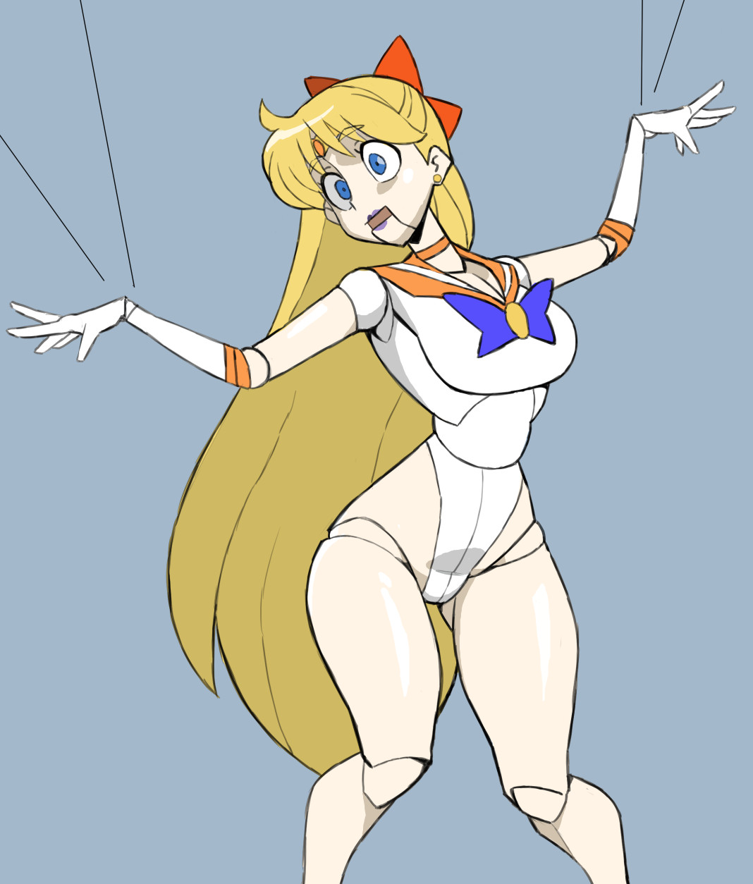 after transformation, bishoujo senshi sailor moon, breasts, defeated, defeated heroine, doll, doll girl, doll joints, dollification, female, implied transformation, large breasts, leotard, lipstick, minako aino, nikujuu uc, post-transformation, puppet, puppet strings, puppetification, sailor venus, thick thighs, transformation