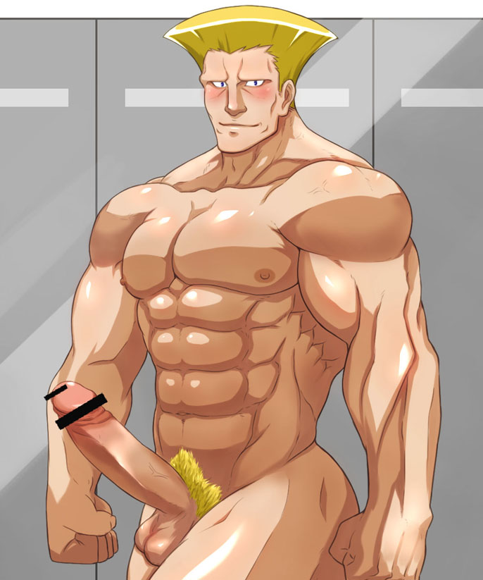 1boy abs bara blonde_hair blush capcom censored erection guile human locker locker_room male male_only mikura0317 muscle nude pecs penis pubic_hair solo street_fighter testicles