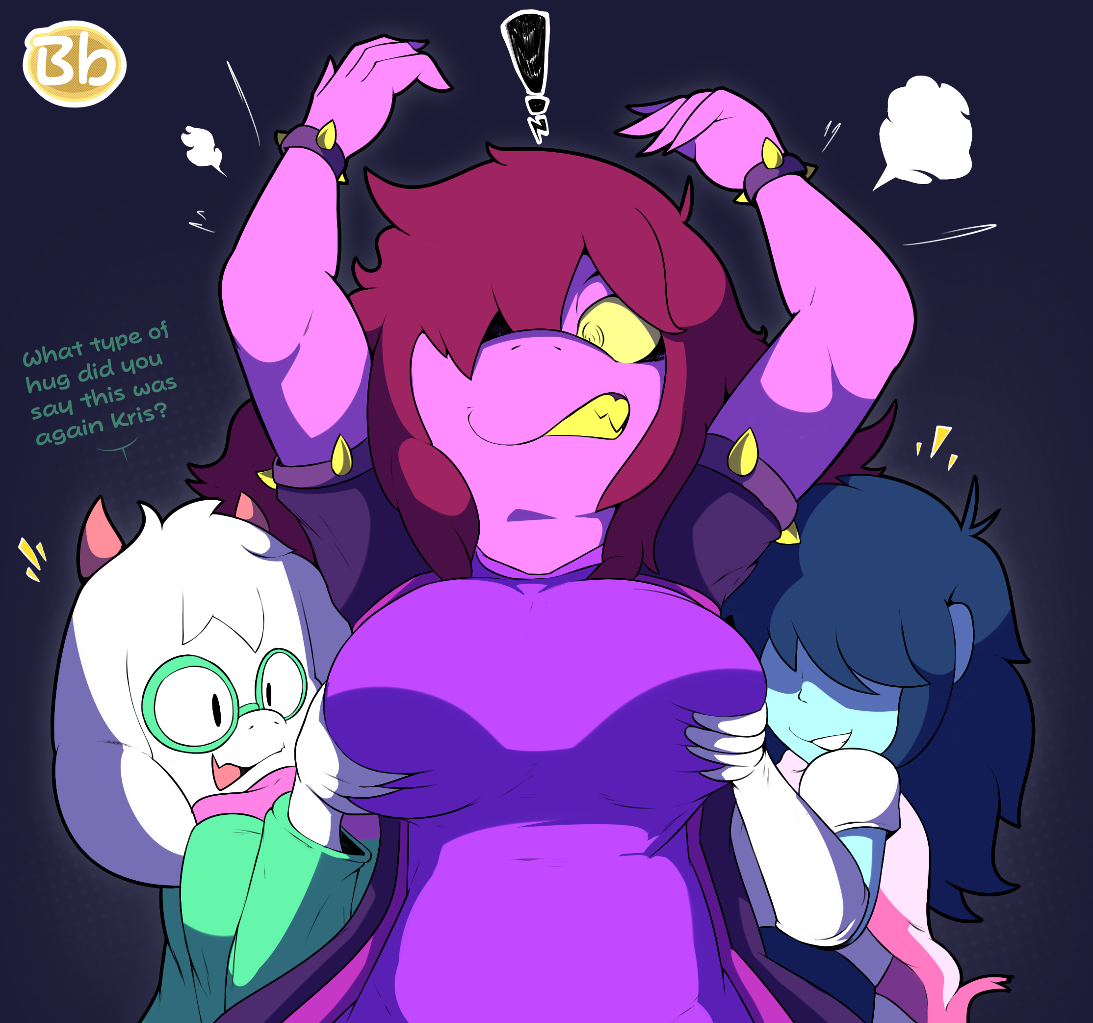 bingbingo (artist), breasts, deltarune, female, grabbing breasts, kris (deltarune), ralsei, susie (deltarune)