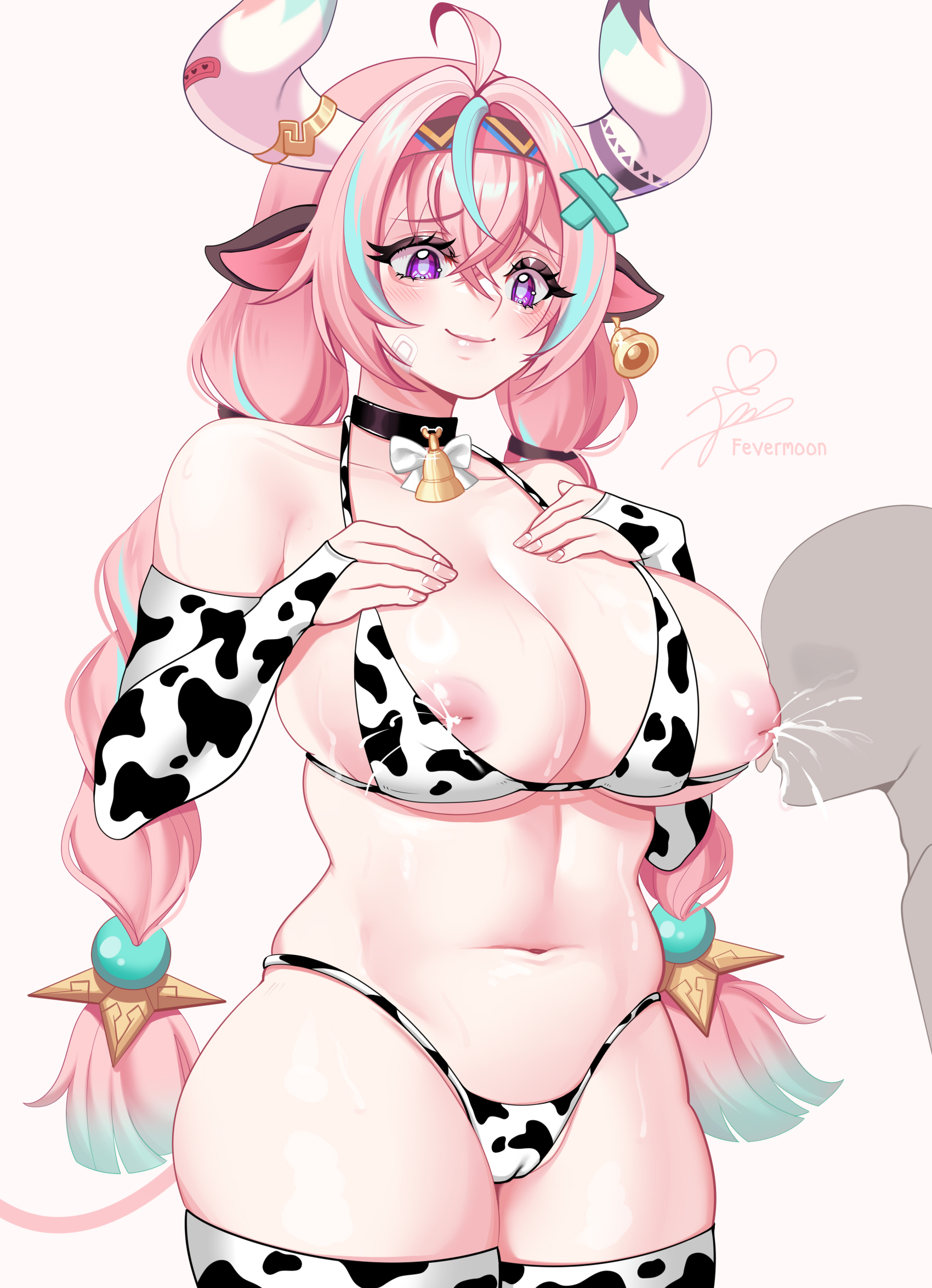1boy, 1girls, breast lick, breasts, cow girl, cow print, female, fevermoon (artist), genshin impact, horns, hoyoverse, male, mihoyo, mihoyo technology (shanghai) co. ltd., natlan girls, thick, thick thighs, thighhighs, varesa (genshin impact)