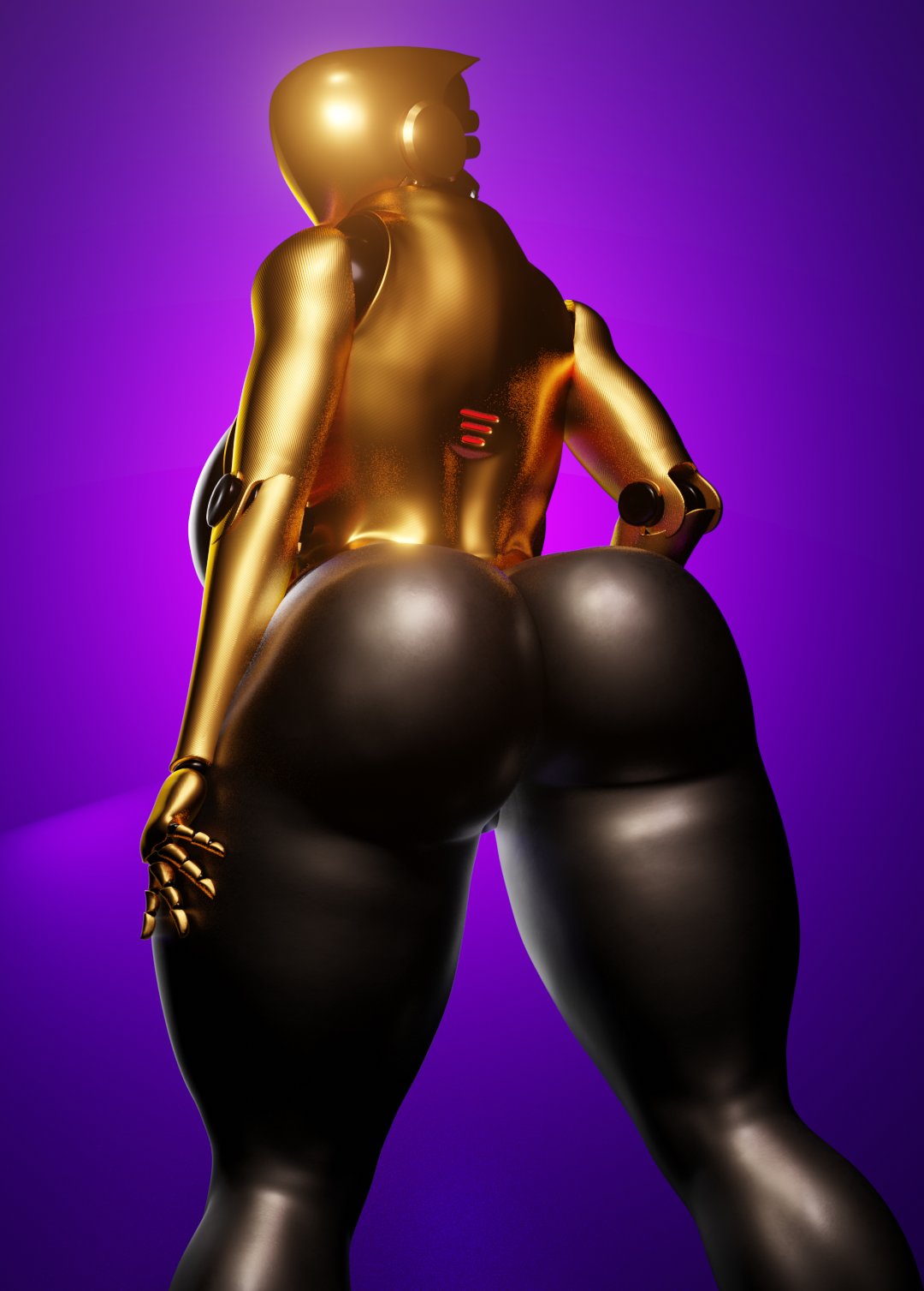 3d, ass, big ass, doomfella, faceless female, fat ass, female, female focus, female only, gold (metal), gold haydee, golden body, haydee, haydee (game), looking at viewer, looking back, robot, robot girl, simple background, thick thighs