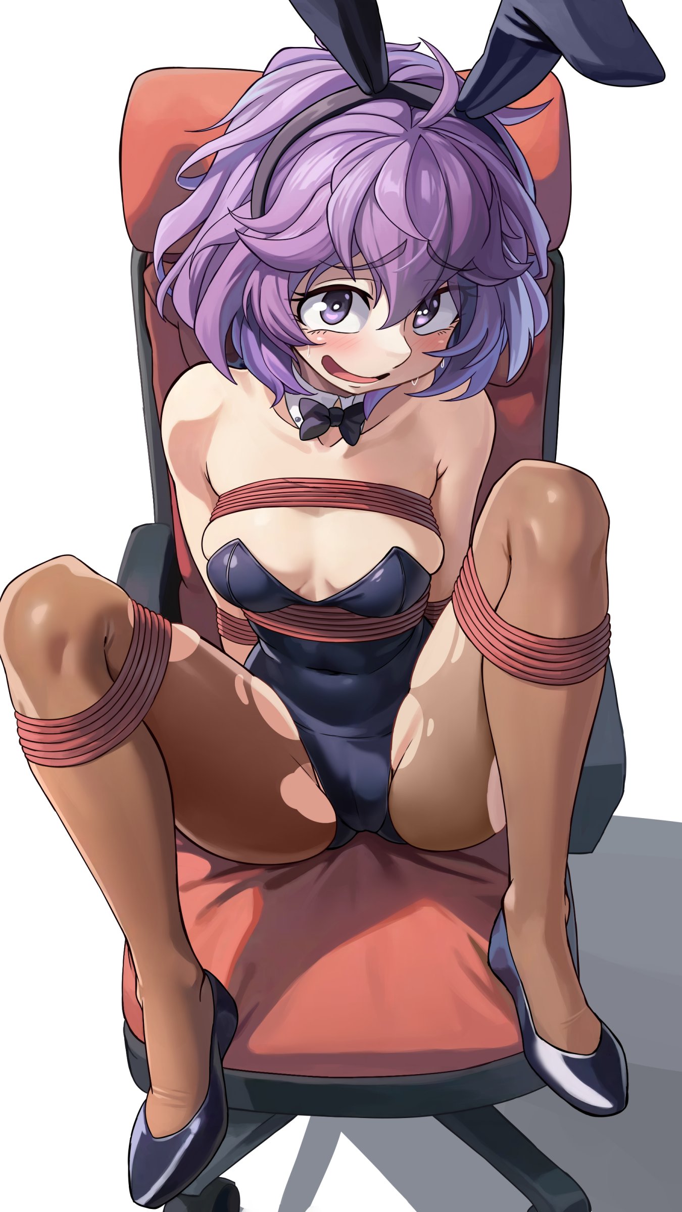1girls, animal ears, arms behind back, bernadetta von varley, blush, bondage, bound to chair, breasts, bunny ears, bunny girl, bunnysuit, chair, female, fire emblem, fire emblem: three houses, gm laz, laz gm, looking at viewer, nervous, nervous smile, nintendo, open mouth, purple eyes, purple hair, ripped clothing, short hair, sitting on chair, small breasts, sweat, sweatdrop, thighs