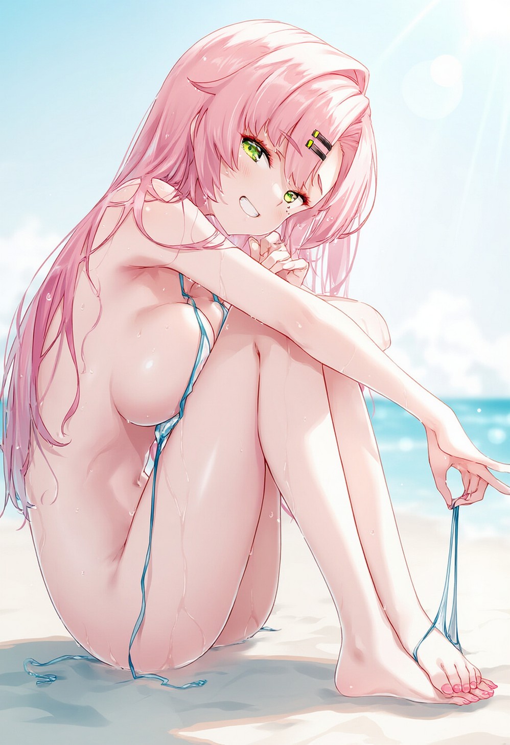 1girls, ai generated, beach, big breasts, bikini, breasts, female, green eyes, large breasts, looking at viewer, nicole demara, pink hair, raaicave, side view, sideboob, solo, stable diffusion, zenless zone zero