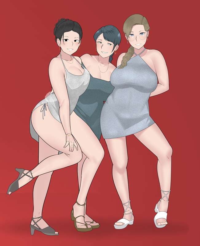 3girls, 3milfs, black hair, black hair female, blonde female, blonde hair, blonde-haired female, blue hair, dress, female, hand on leg, high heels, milf, milfs, ntrman, rural homecoming, tagme, toes
