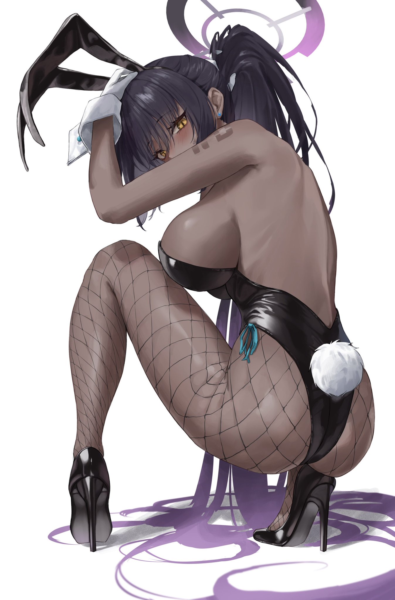 1girls, arm tattoo, ass, big ass, big breasts, big butt, black bunnysuit, blue archive, breasts, bunnysuit, cleaning & clearing (blue archive), dark skin, dark-skinned female, fake animal ears, fake rabbit ears, female, female only, fishnets, gloves, halo, heels, huge breasts, karin (blue archive), karin (bunny) (blue archive), millennium science school student, renge (730), white gloves